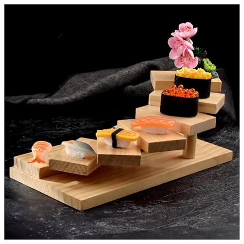 Assiette de service à sushis, 7 étages en bois rotatif pour restaurant ou maison, plateau à sashimi style escalier