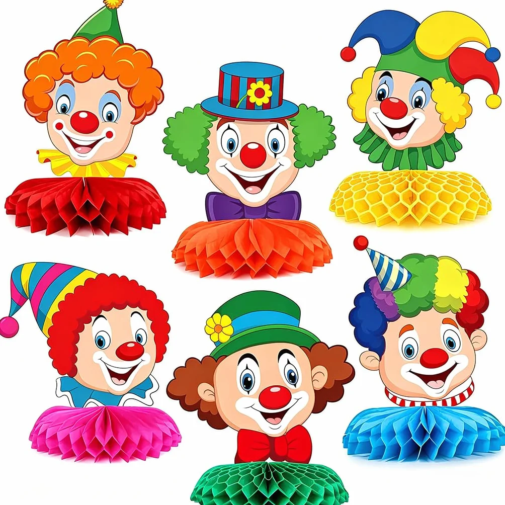 Lot de 6 Décoration Carnaval Clown Nid d'Abeille Centre de Table Cirque 3D Fête Anniversaire Enfant Mardi Gras Ornements Papier Alvéolé
