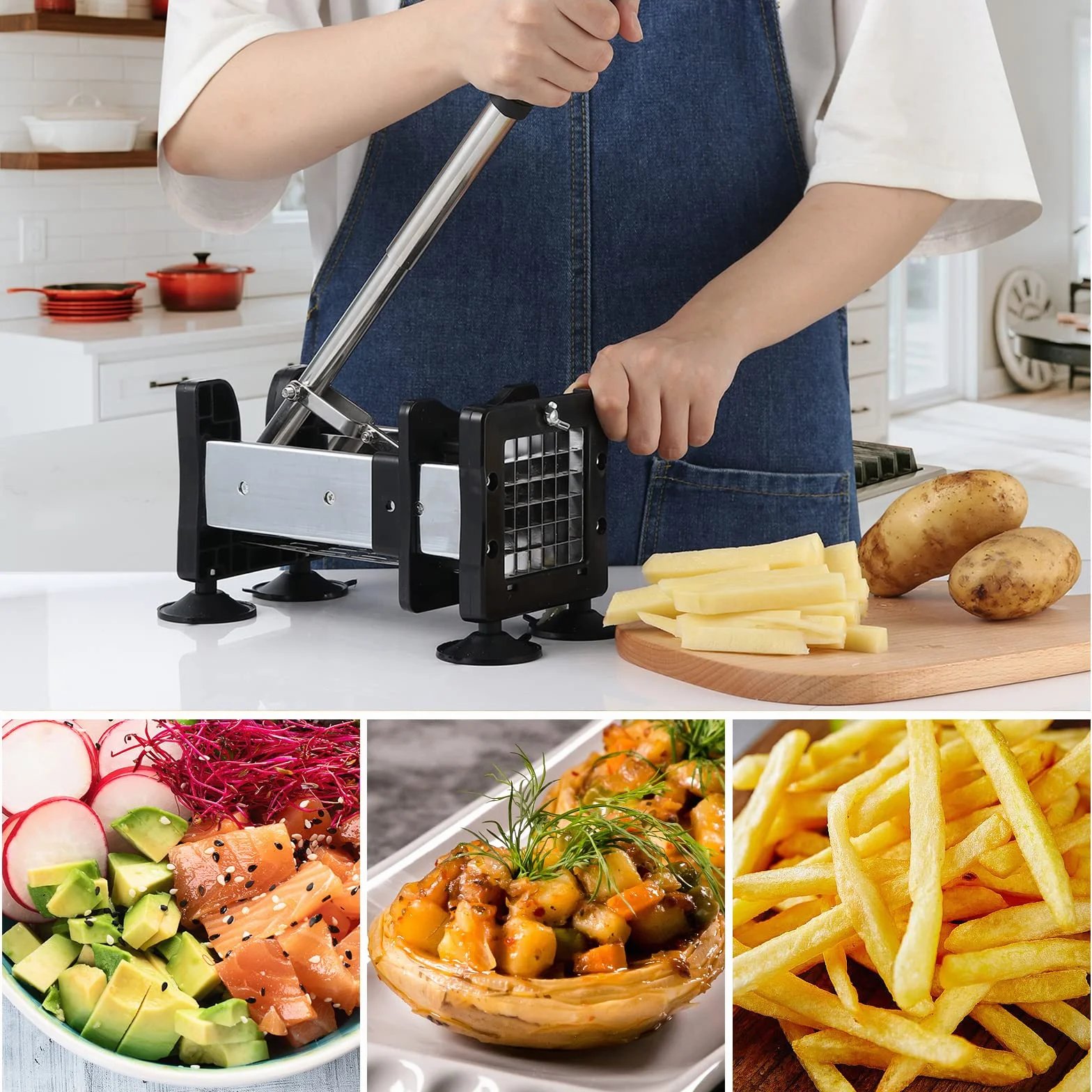 Coupe-frites acier inoxydable 2 lames rechange tailles différentes pieds antidérapants