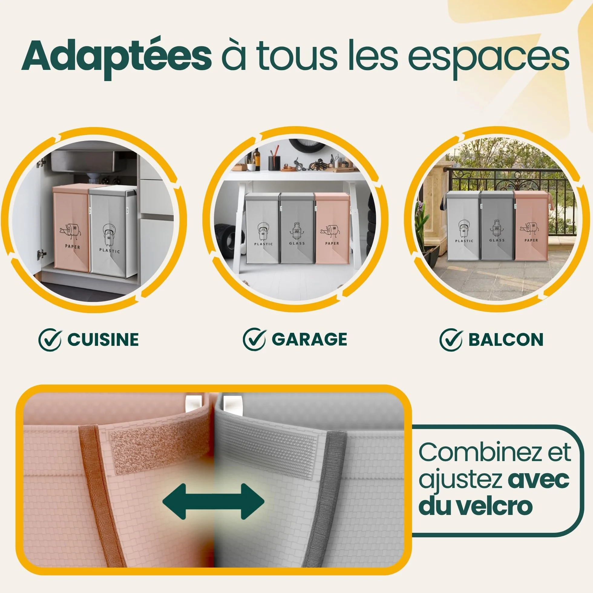 Poubelle tri selectif 3 bacs 40L avec poignée pour plastique, papier et verre