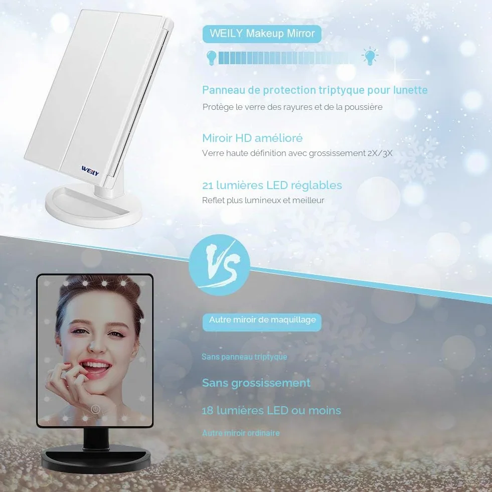 WEILY Miroir de Maquillage 3 Volets avec 21 LED Tactile Blanc