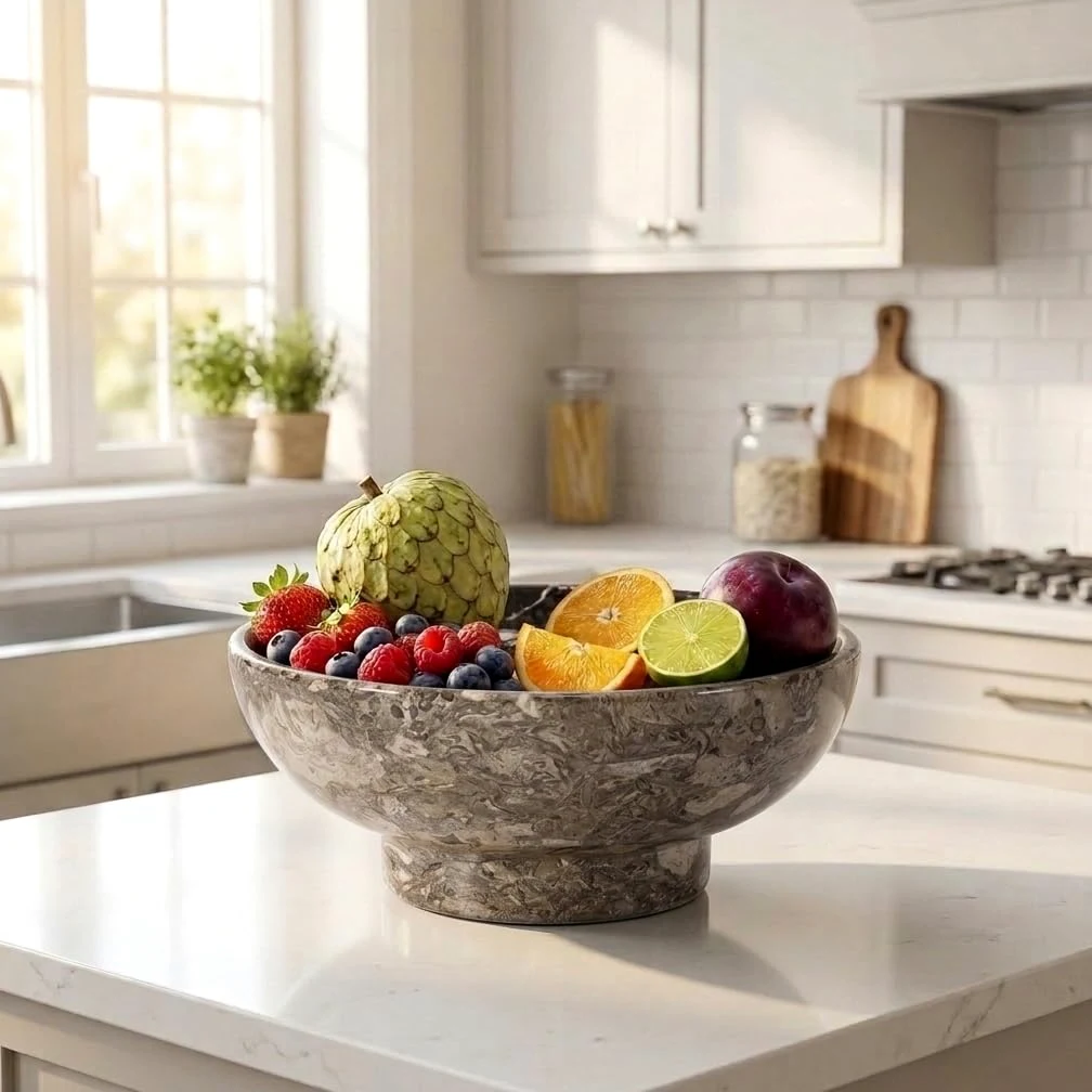 Bol à fruits en marbre océanique Plat de service en pierre naturelle Essentiels de cuisine élégants et cadeau pour table de cuisine et décoration d'intérieur