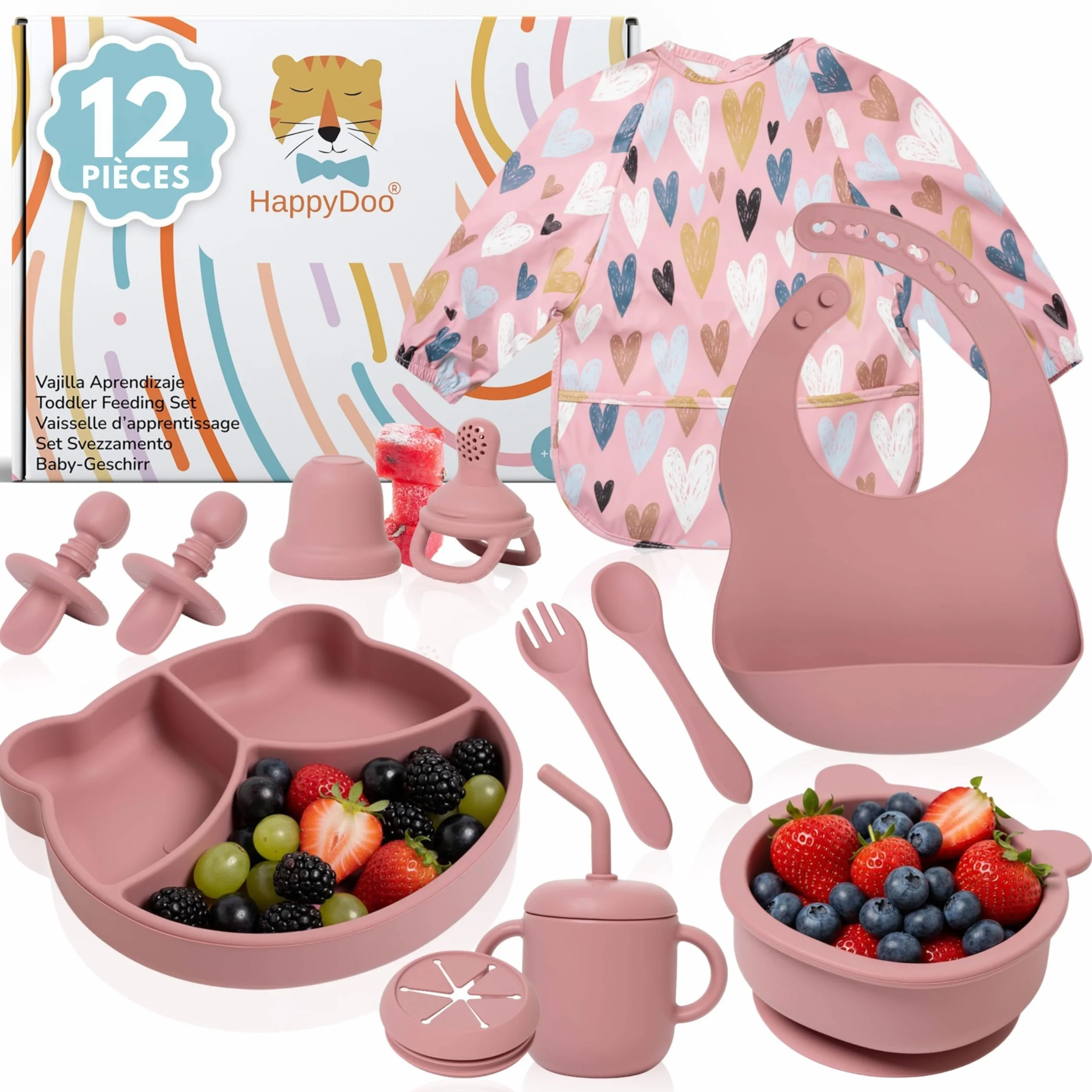 Coffret Repas Bébé Silicone 12 Pièces Assiette Ventouse Bol Tasse 3en1 Couverts Bavoirs Imperméables Sans BPA Micro-ondes Lave-vaisselle