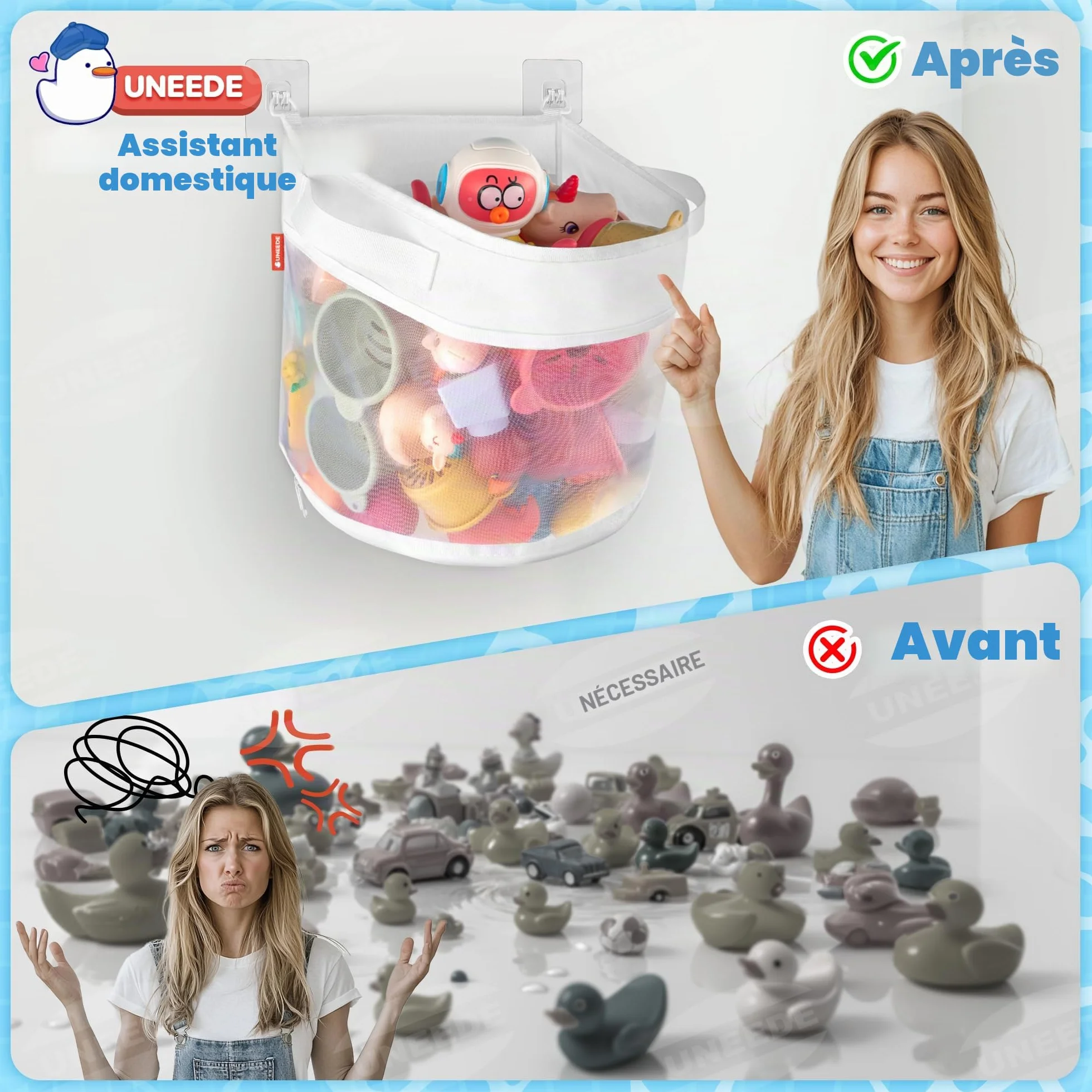 UNEEDE Filet Rangement Jouet Bain Bebe avec 4 Crochets Adhésifs