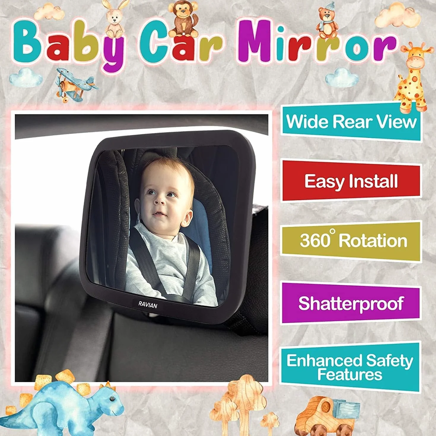 Rétroviseur voiture bébé vue arrière incassable réglable face arrière nourrissons enfants animaux domestiques