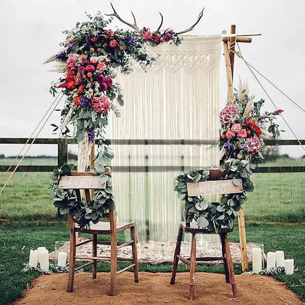 Rideau de porte bohème macramé en corde de coton à suspendre au mur Beige pour fenêtre Arche Toile de fond (150 x 180 cm)