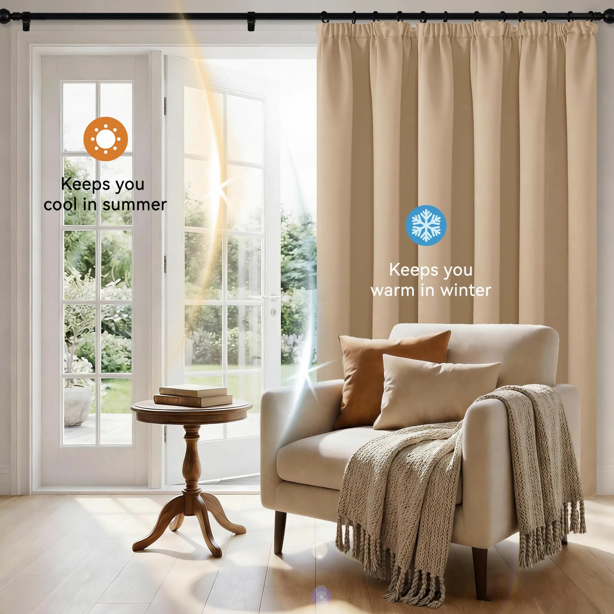 Hiasan Rideaux Occultants avec Galon Fronceur, 245 x 140cm (L x H), Beige | Thermiques et Protection anti Froid, Opaques pour Salon et Chambre à Coucher avec Embrasses, 2 Pieces