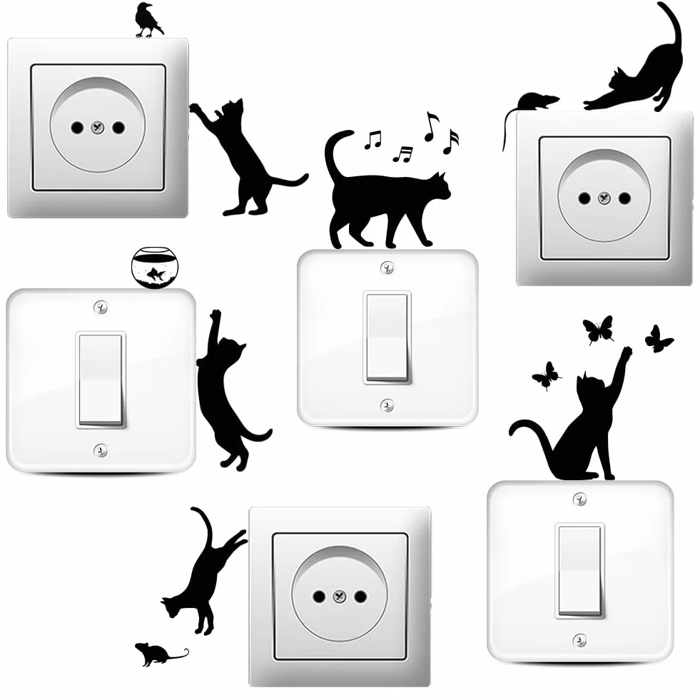 AHANDMAKER Lot de 6 autocollants muraux silhouette chat pour interrupteur prises décoration intérieur