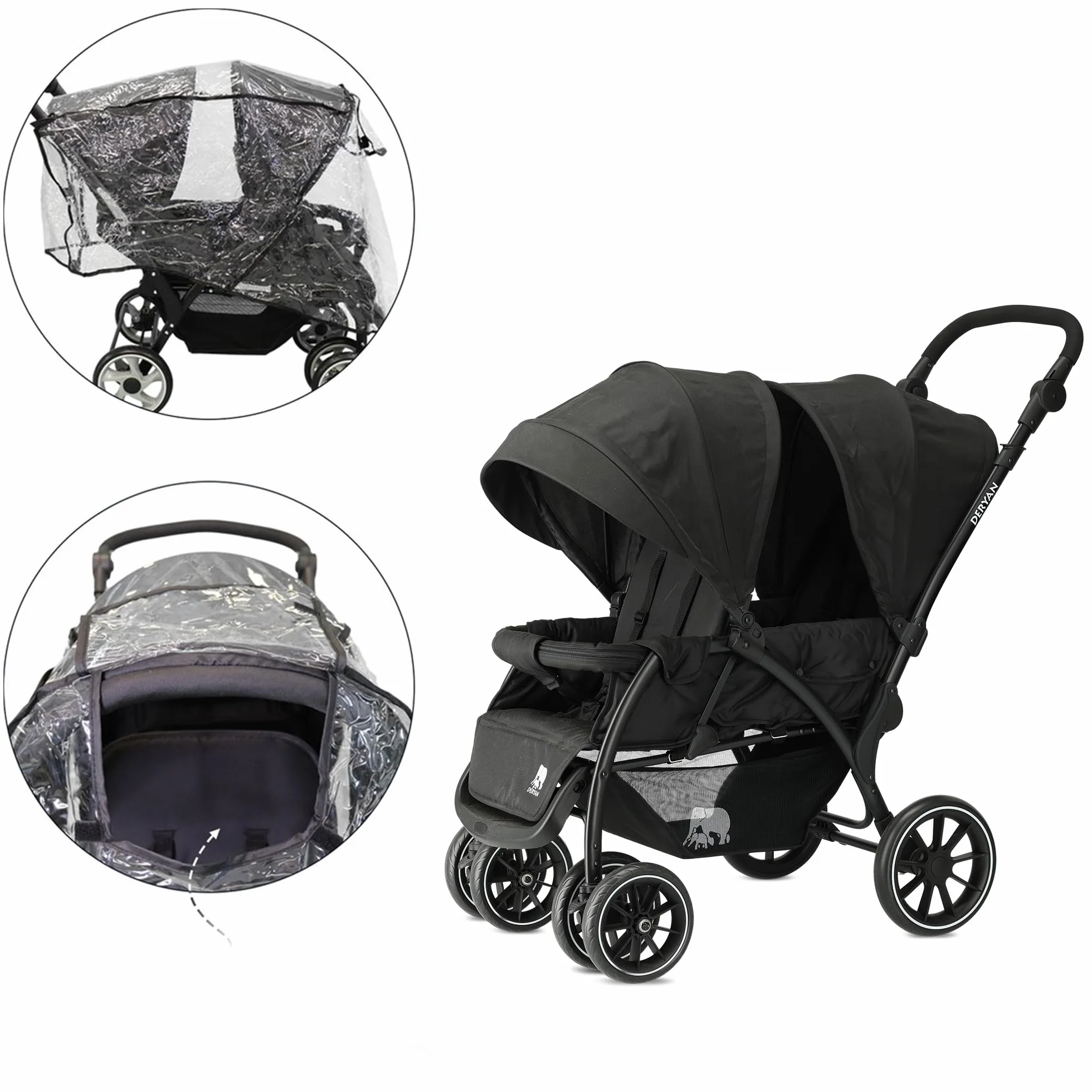 Poussette Duo Tandem pour Enfants Deryan Elena Double Duett avec Harnais 5 points Ajustable Noir