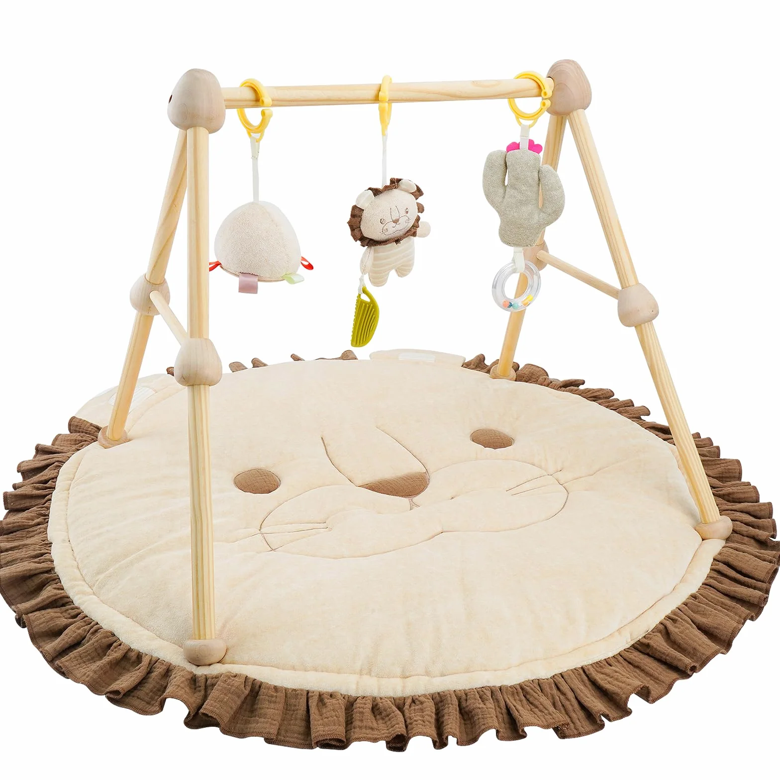 Tapis D'Eveil Bebe 4 en 1 Arche de Jeu en Bois Naturel 3 Peluches Amovibles Développement Visuel Auditif Tactile Cognitif 0-36 Mois Cadeau de Naissance