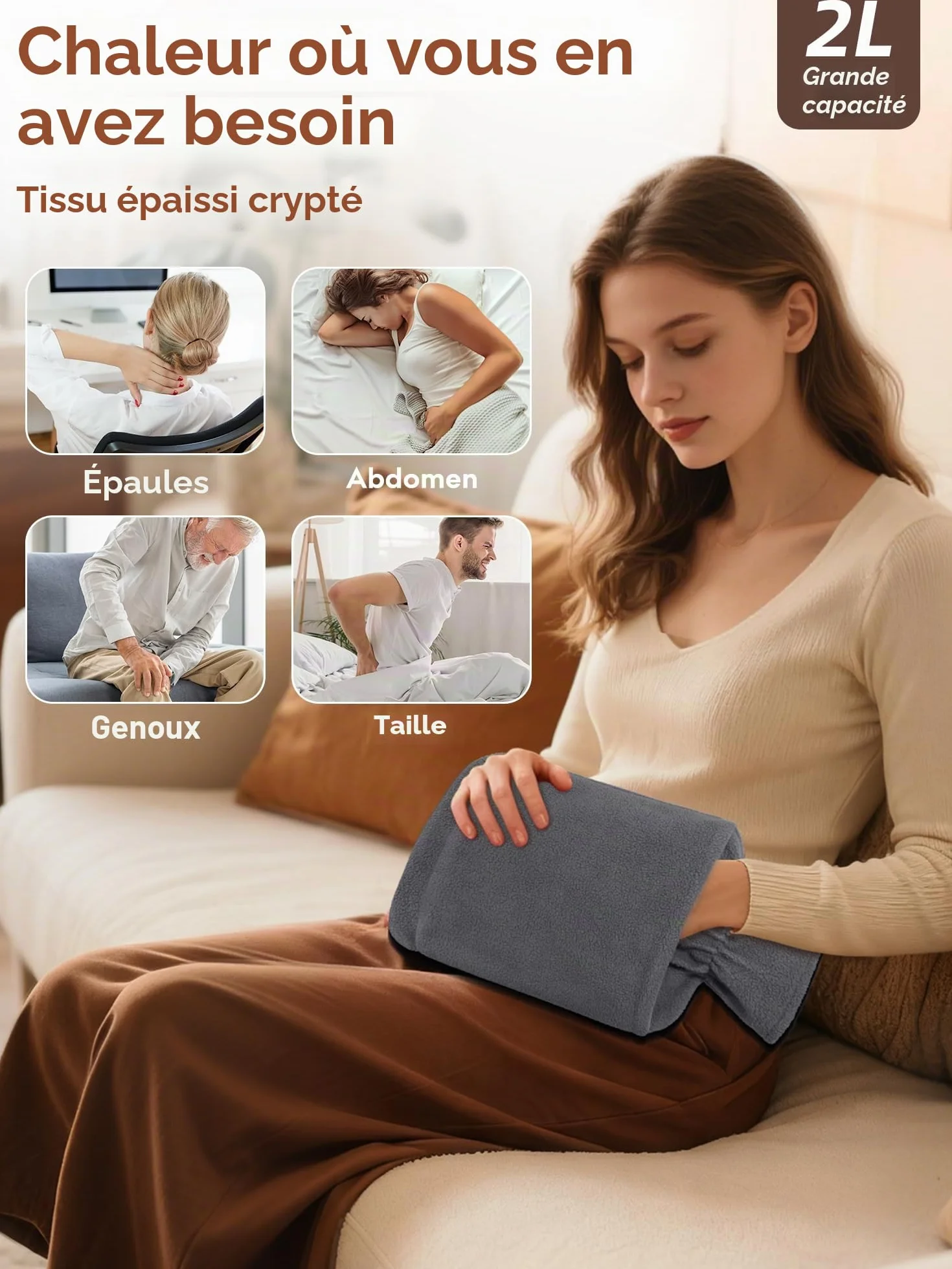 Bouillotte 2L Anti-Fuite Avec Housse Non-Tissé et Poche Kangourou - Gris