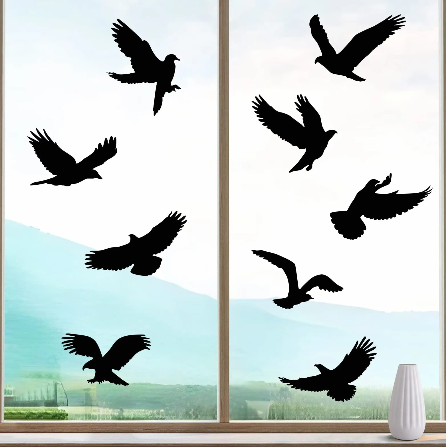 HOOWA Stickers Anti Collision Oiseaux Grand 27-31cm, 9PCS Autocollants Fenetre Electrostatique PVC Noir Protection Oiseaux