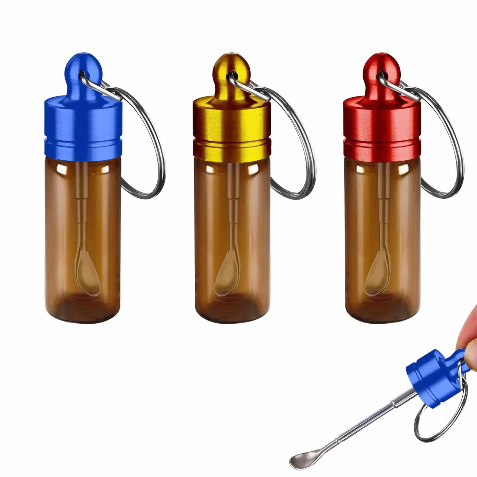 Mini Bouteille Verre Lot de 3 Contenants 6cm avec Anneau pour Épices Sucre Rouge Or Bleu Bocaux Étanches