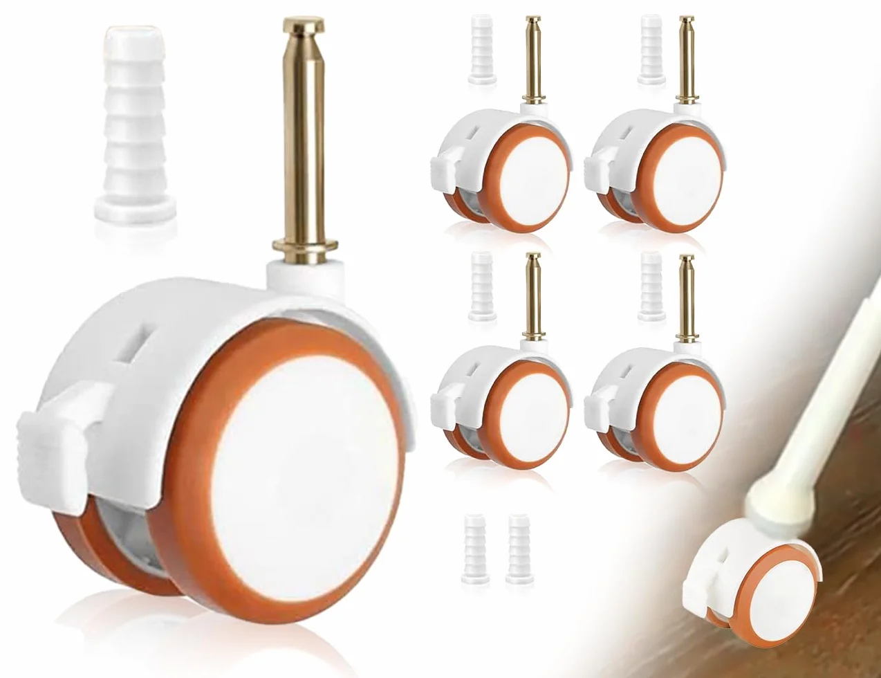 ZoeTekway Jeu de 4 roulettes pivotantes silencieuses en caoutchouc avec frein pour meubles d'enfants, manchon 10,5 mm (blanc)