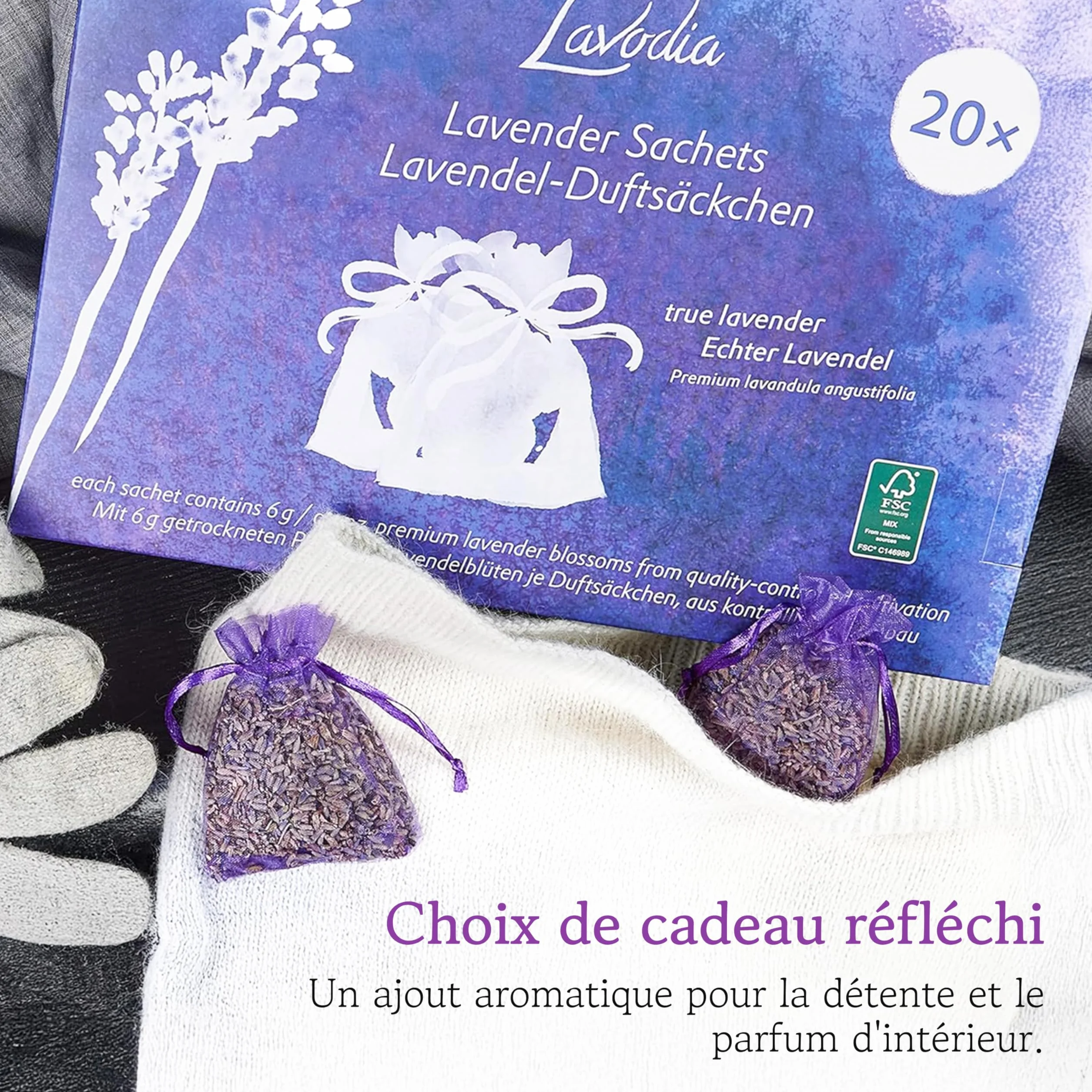 LAVODIA Sachets Parfumés Lavande 20x6g Désodorisant pour Armoire et Voiture