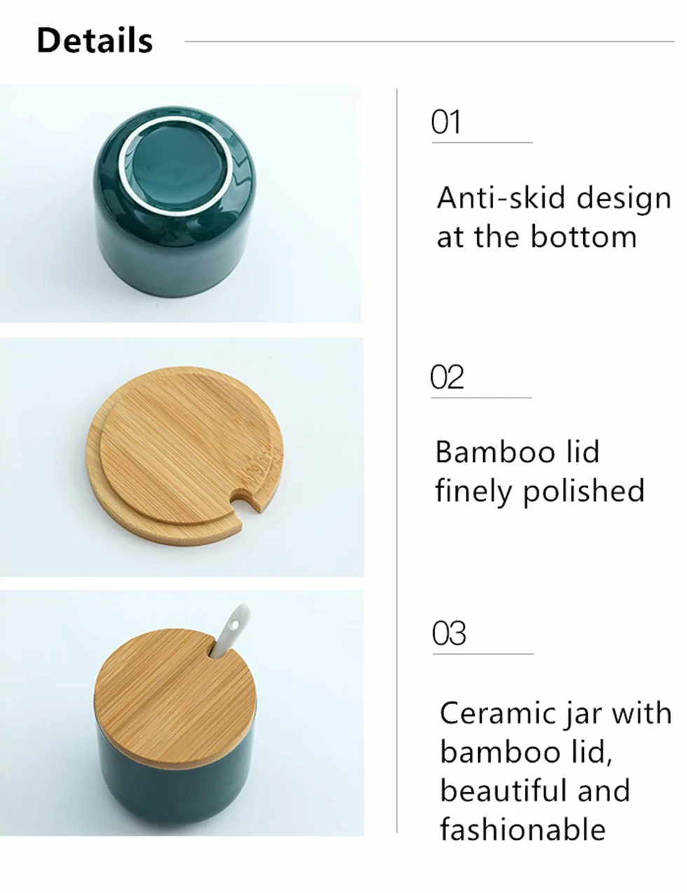 Lot de 3 Céramique Sucrier Rond Seasoning Containers Pot à épices Sel Spice Jar avec Cuillère Plateau Bambou