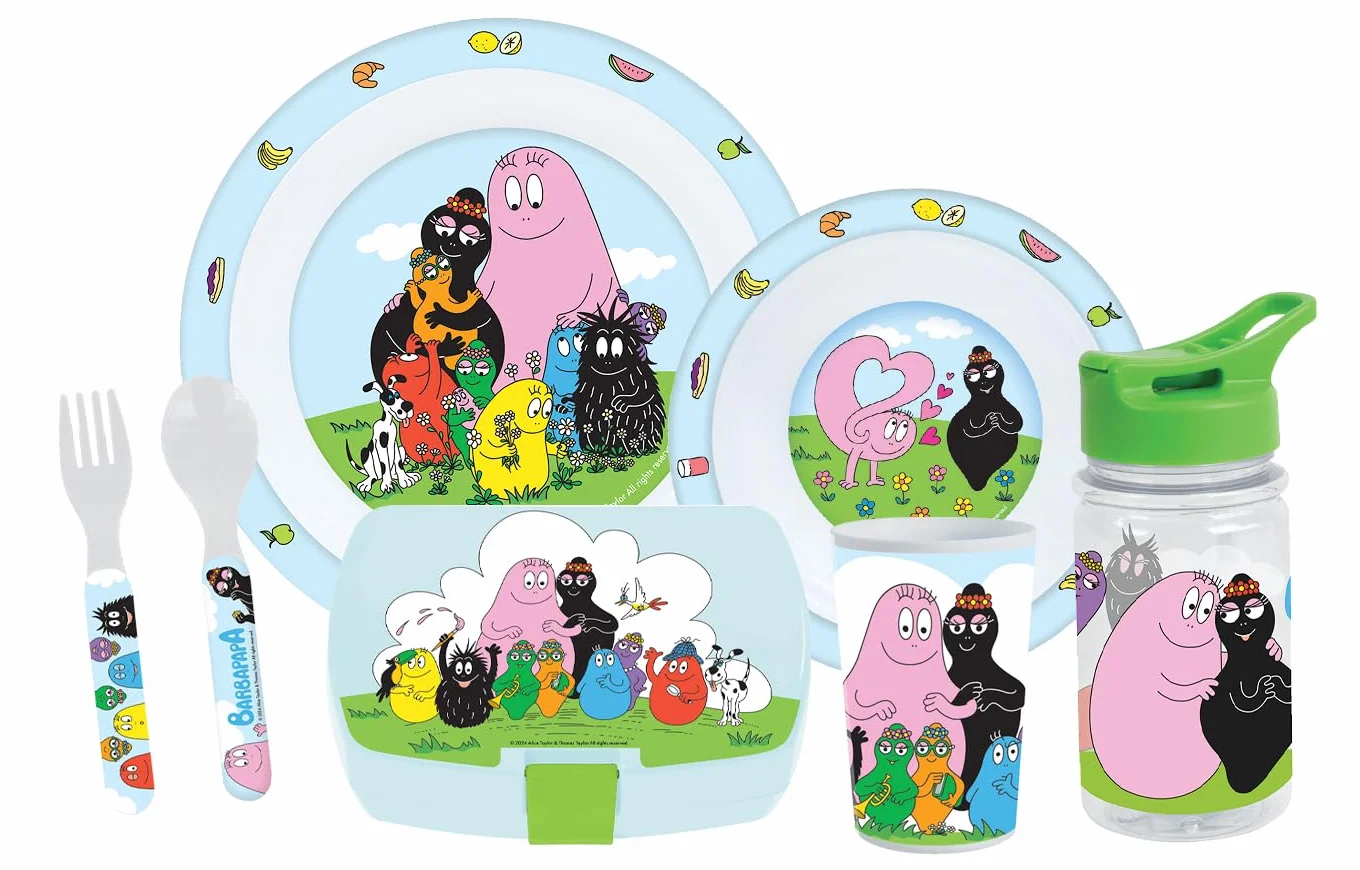 FUN HOUSE Set Complet Boite Repas Barbapapa Enfant 1 Verre 2 Assiettes Couverts Gourde Boite Goûter Licence Officielle Réutilisable Micro-ondable