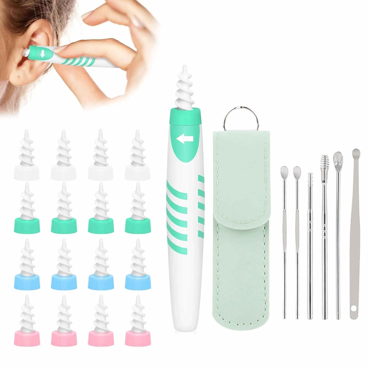 Kit d'extraction du cérumen avec 16 embouts en silicone doux, 6 embouts en acier inoxydable et sac portable