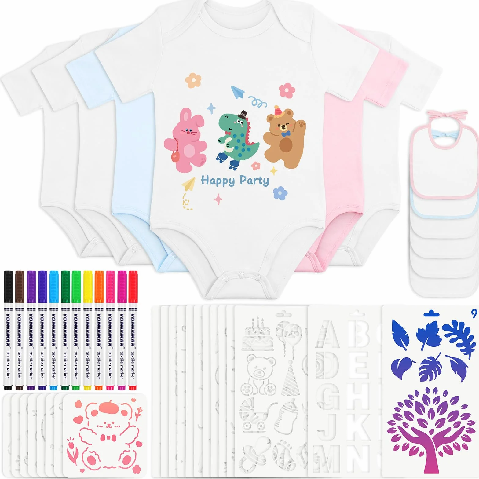 Bavoirs Peinture 6PCS avec Grenouillères 6PCS, 12 Stylos Textiles, 22 Pochoirs, Cadeau Babyshower DIY (9-12mois)