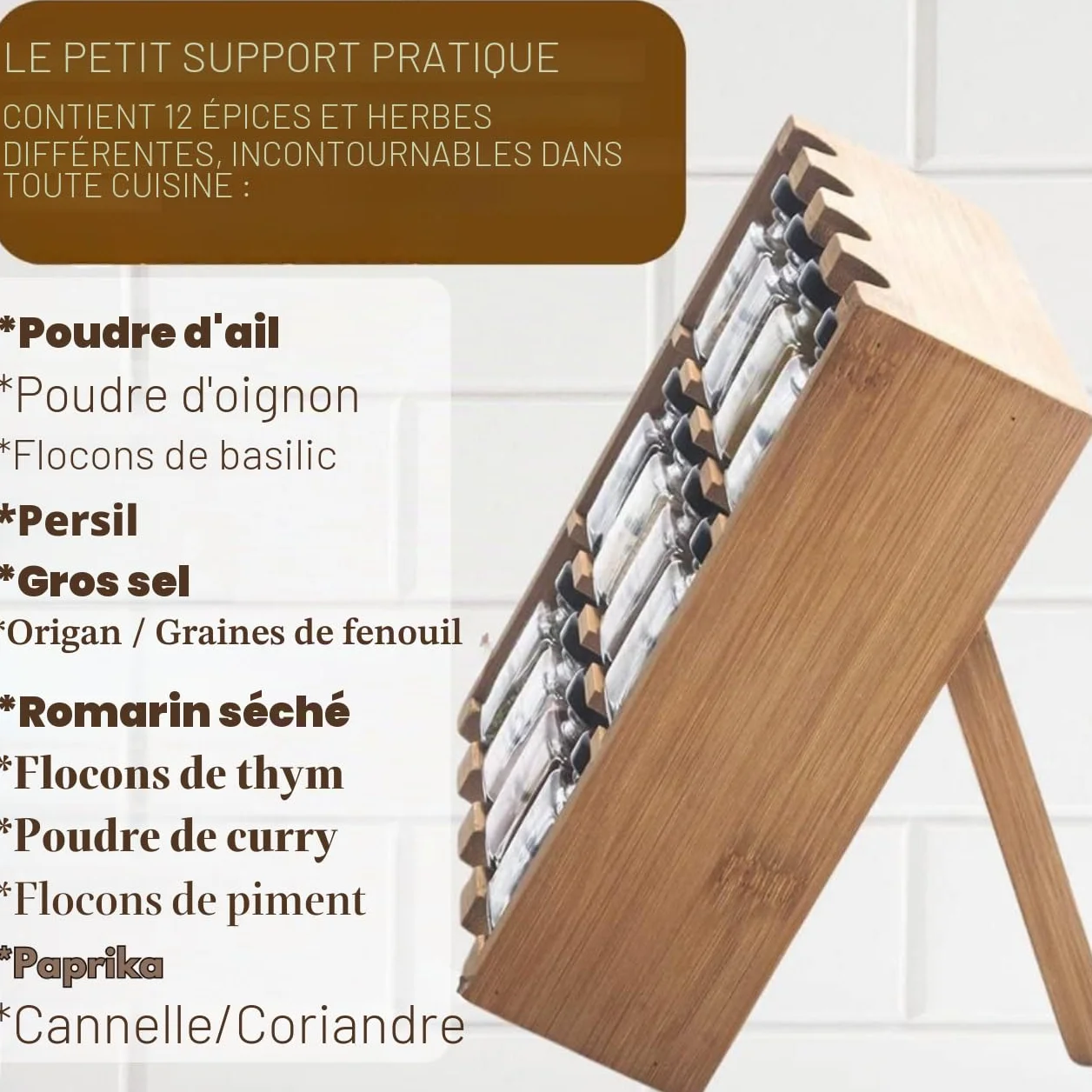 Lot de 12 pots à épices en bois - Recharge sur pied pour herbes - Coffret cadeau cuisine
