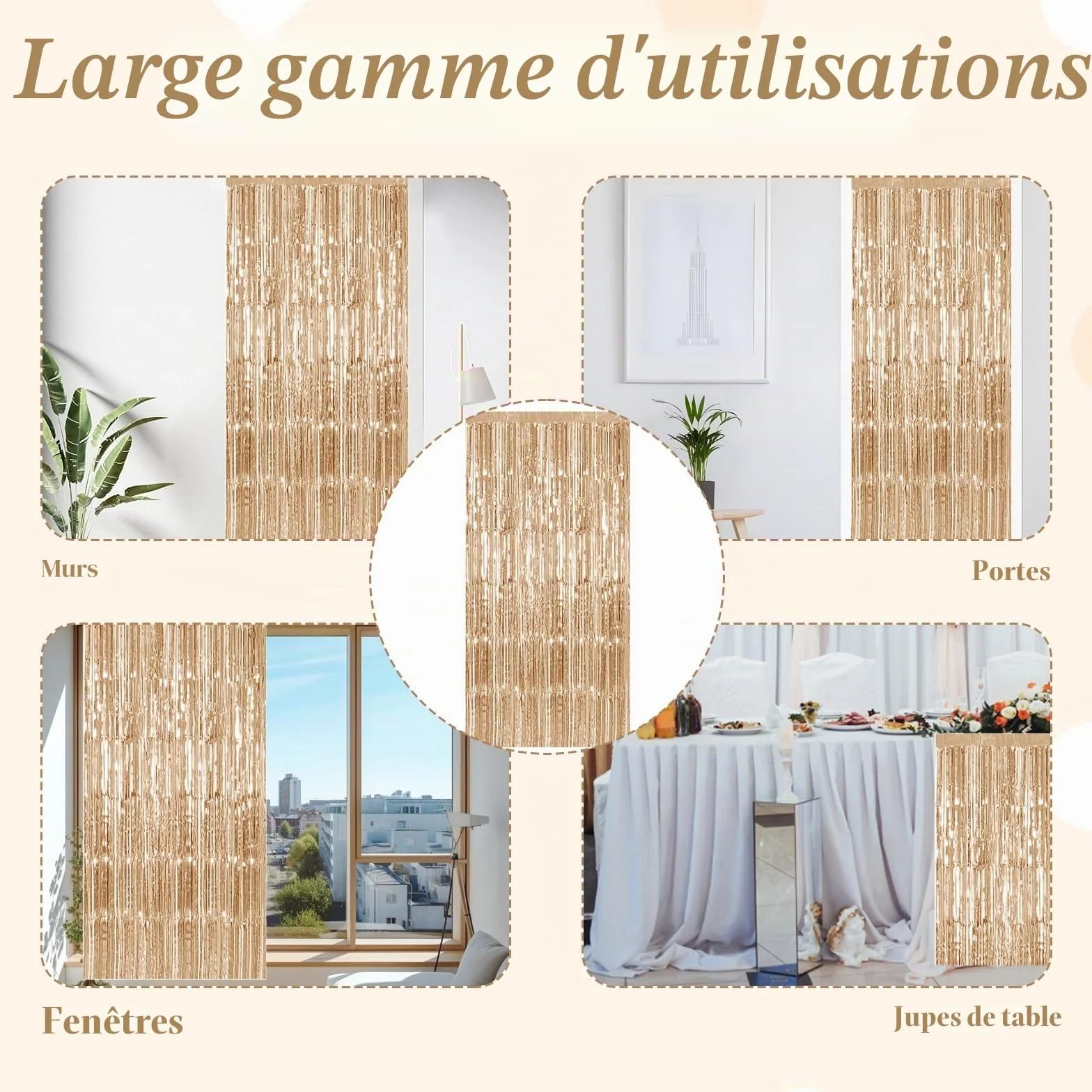 Rideau Anniversaire Or Champagne 5 Pièces 1m x 2m, Rideau Métallique Frange Paillettes Scintillants pour Décoration Fête Mariage Noël