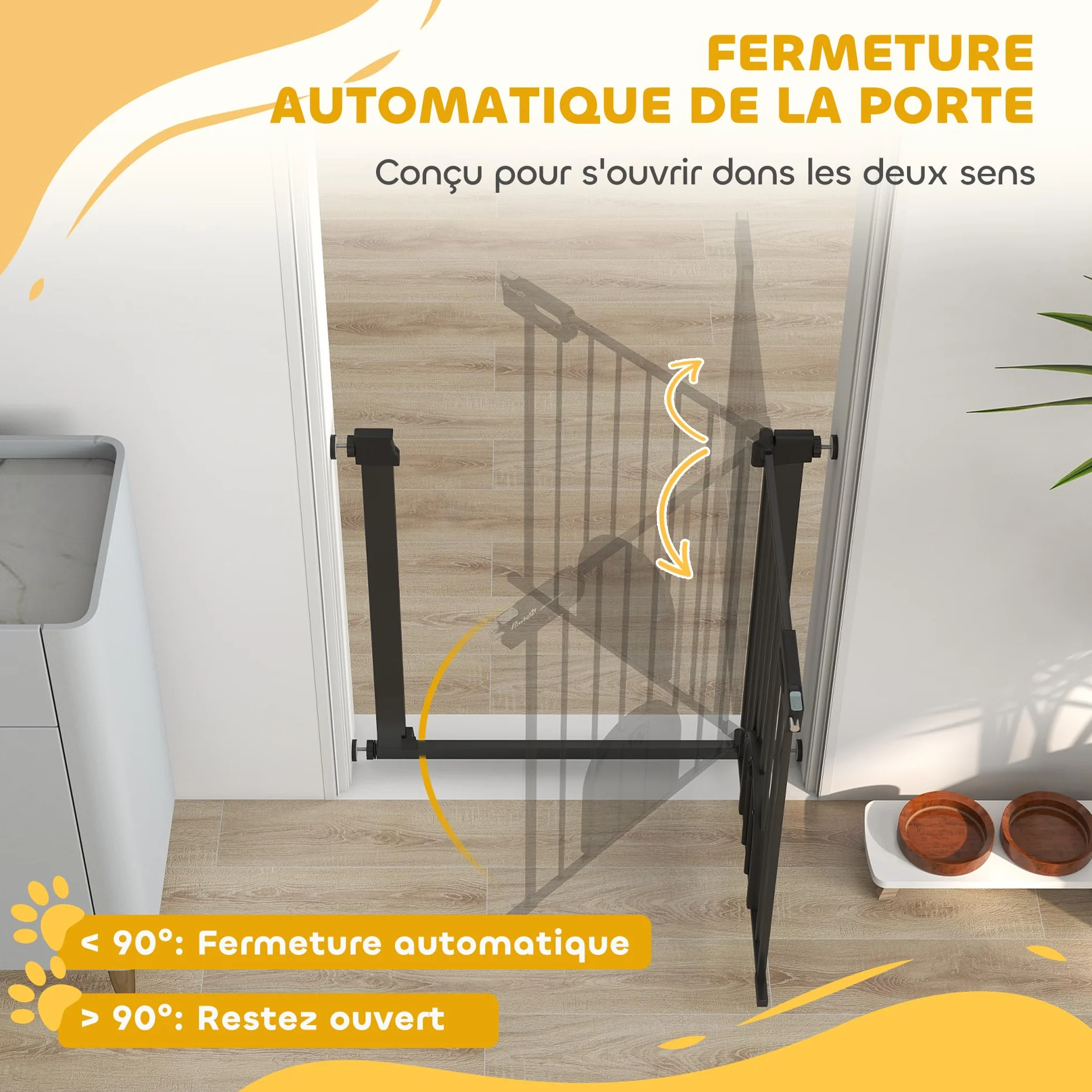 PawHut Barrière de sécurité Animaux 76H cm Chien Chat Porte Fermeture Automatique Double Verrouillage Fixation Pression 75-82 cm Acier ABS Noir