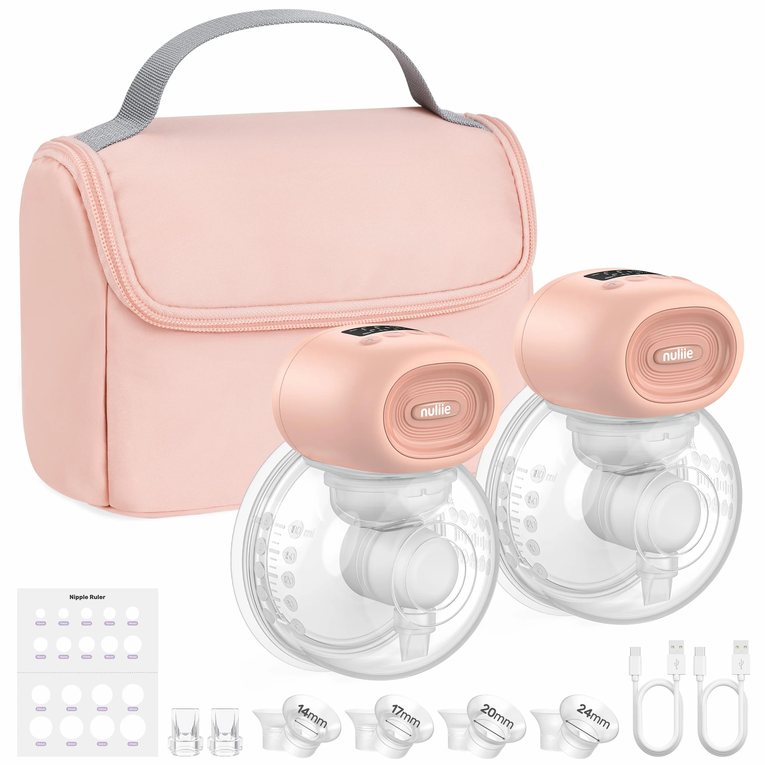 Tire-Lait Électrique Main Libre Nuliie avec Sac de Rangement, 4 Modes 12 Niveaux, Brides 14/17/20/24/27 mm, 2 Paquets Rose