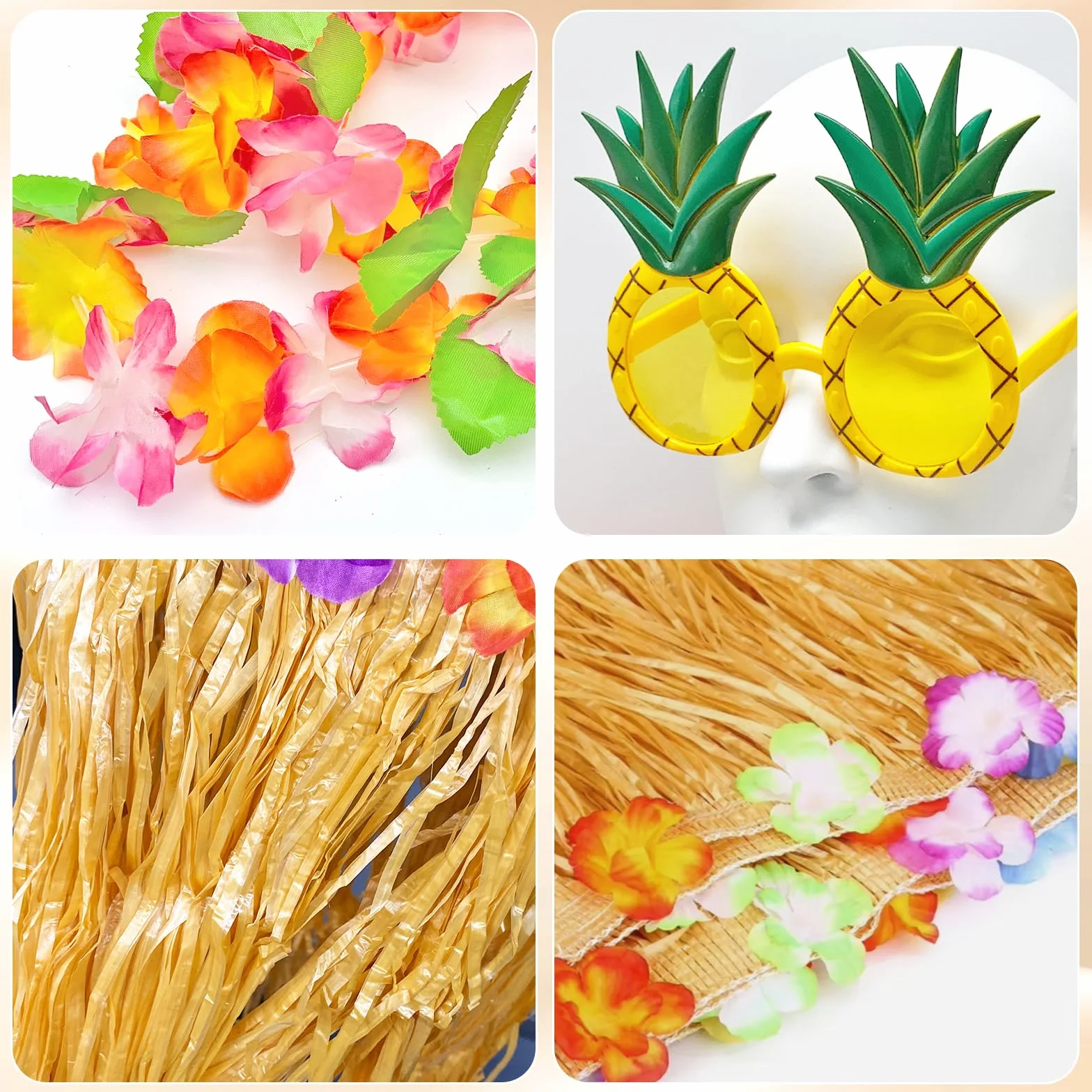 Décorations de fête hawaïennes lot de 6 collier fleurs bracelets bandeau lunettes ananas jupe déguisement adulte