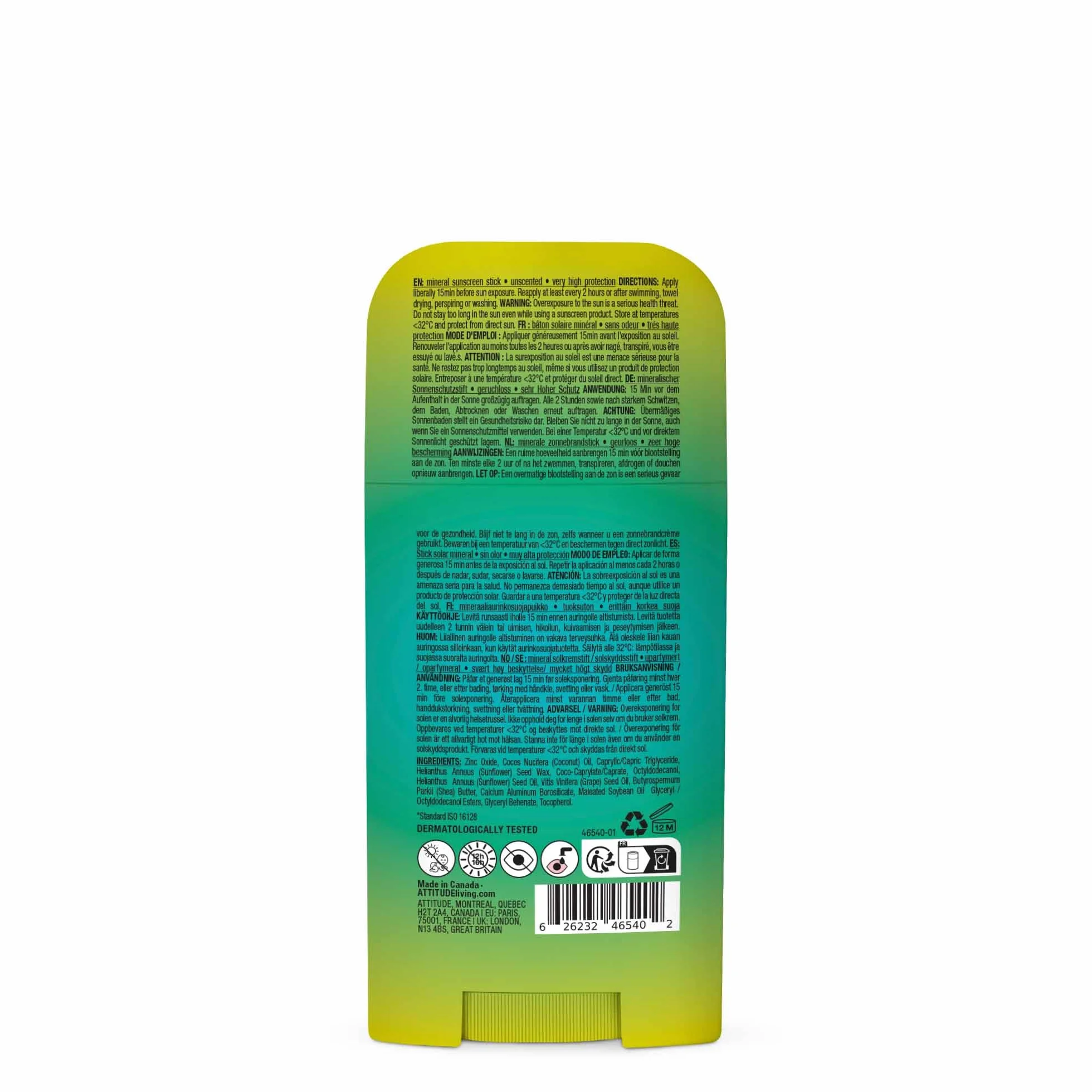 ATTITUDE Crème Solaire Minérale SPF 50 Large Spectre Oxyde de Zinc Non Nano Visage Corps 60 g