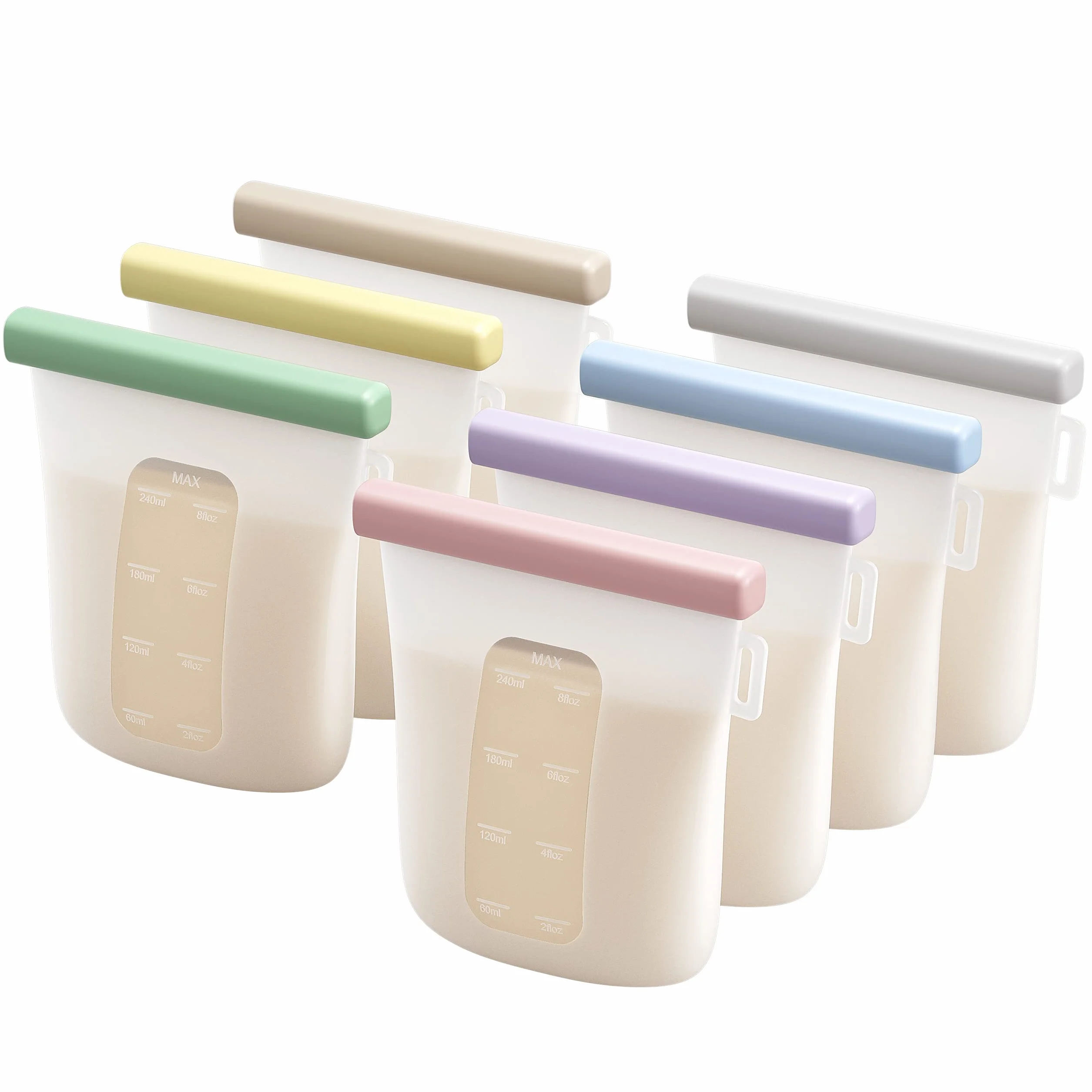 Silicone Sachet Conservation Lait Maternelle Lot de 7, Doublement Étanches Sac Congelation Lait Maternel, Sans BPA Sacs à Lait Autoportants 8oz/240ml