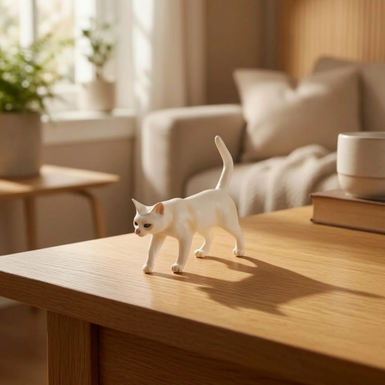 Six Petites Statues Chat Peintes avec Détails Faciaux Précis pour Décoration Bureau et Collection sur Tablette