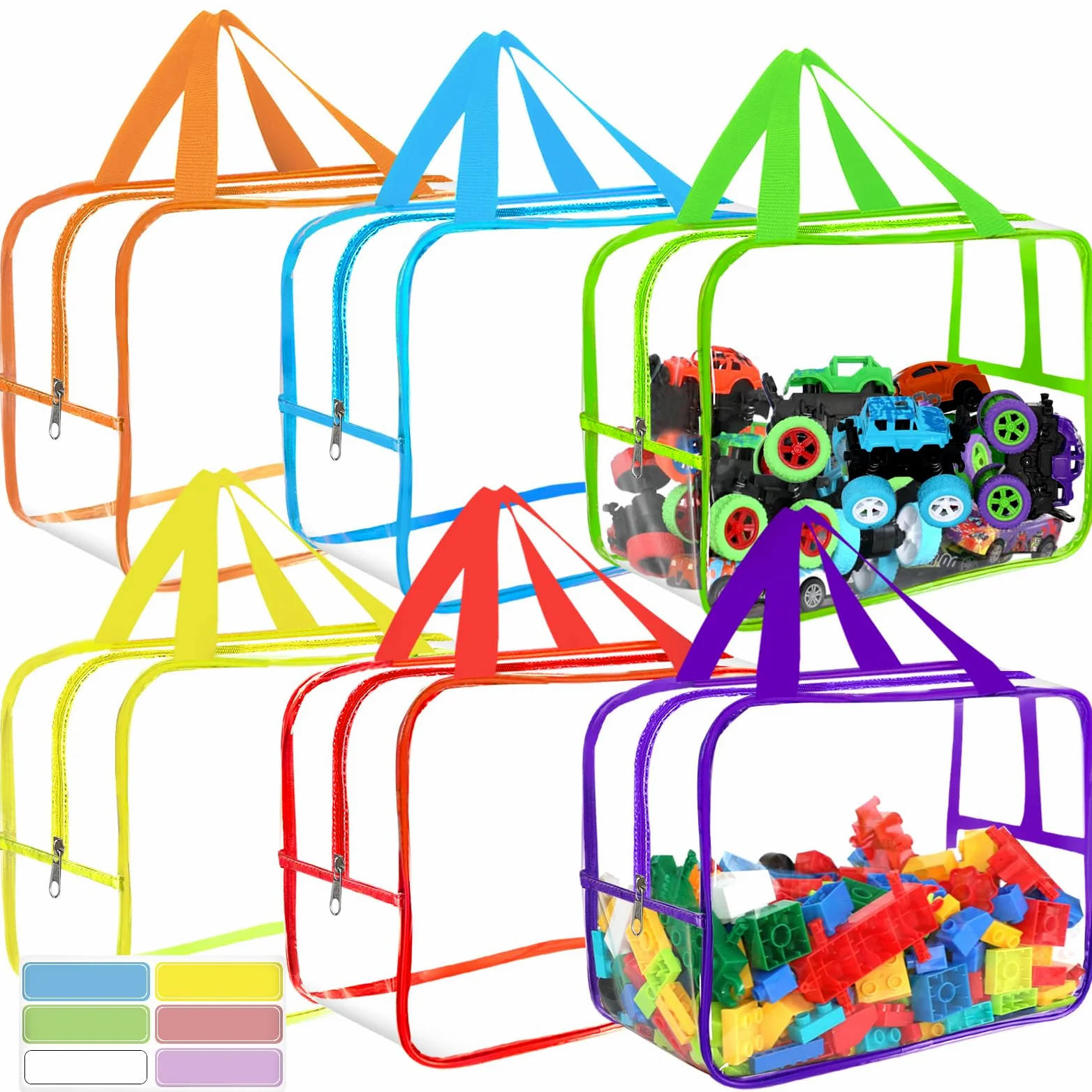Sacs de rangement larges de 6 couleurs, 32,6 x 23,3 x 17 cm avec étiquettes, réutilisables en PVC transparent, sacs de rangement de jeux de société, sacs de voyage imperméables avec fermeture éclair