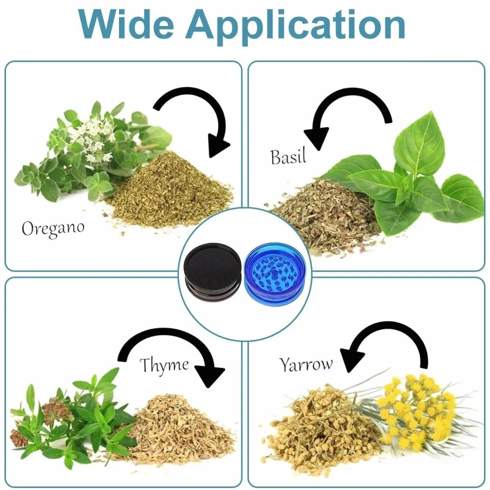 Lot de 2 moulins en plastique 60 mm Trois pièces Crusher Kitchen, broyeur à pollen et herbes en plastique pour épices Bleu et noir