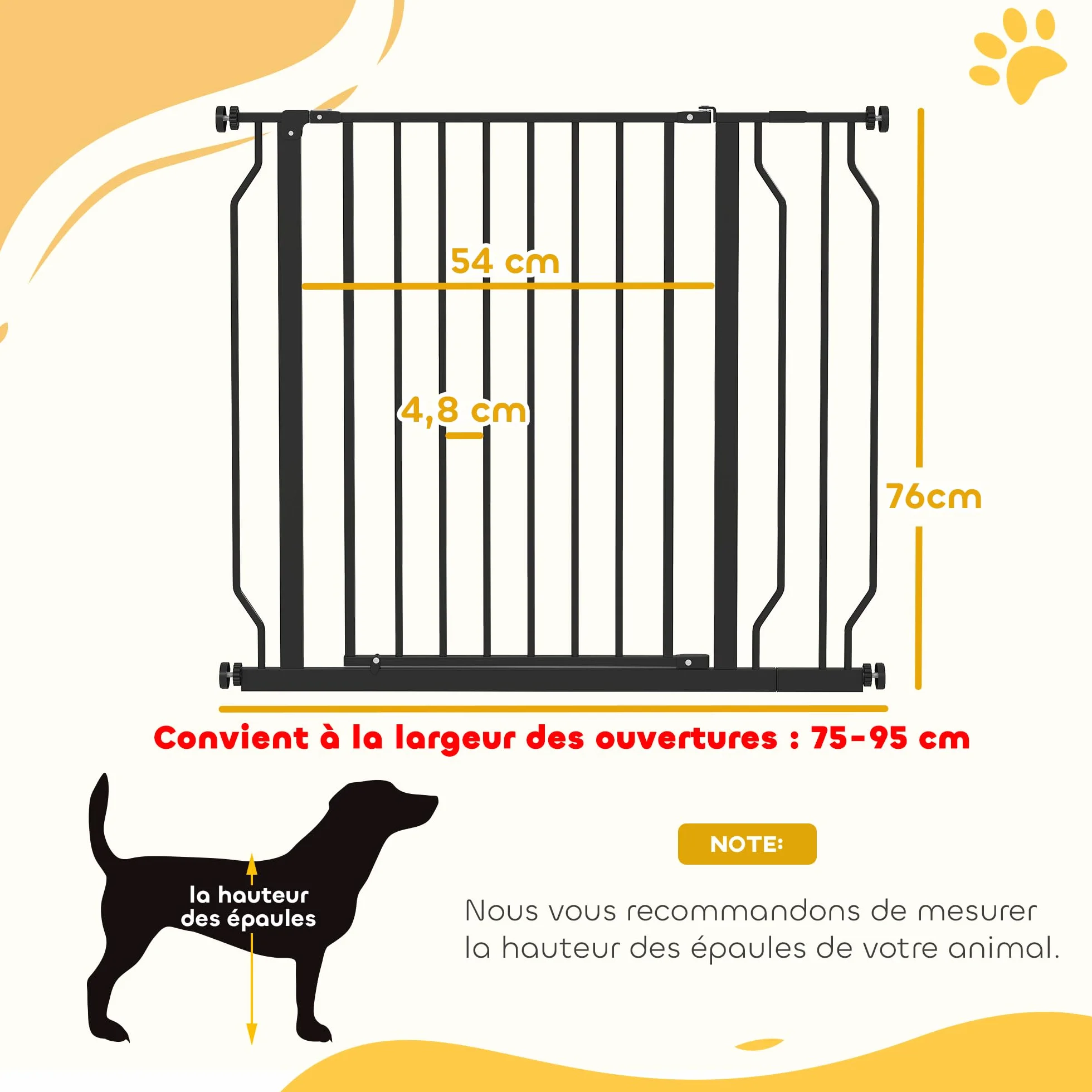 PawHut Barrière de sécurité Chien extensible 75-95 x 76 cm Acier ABS Noir