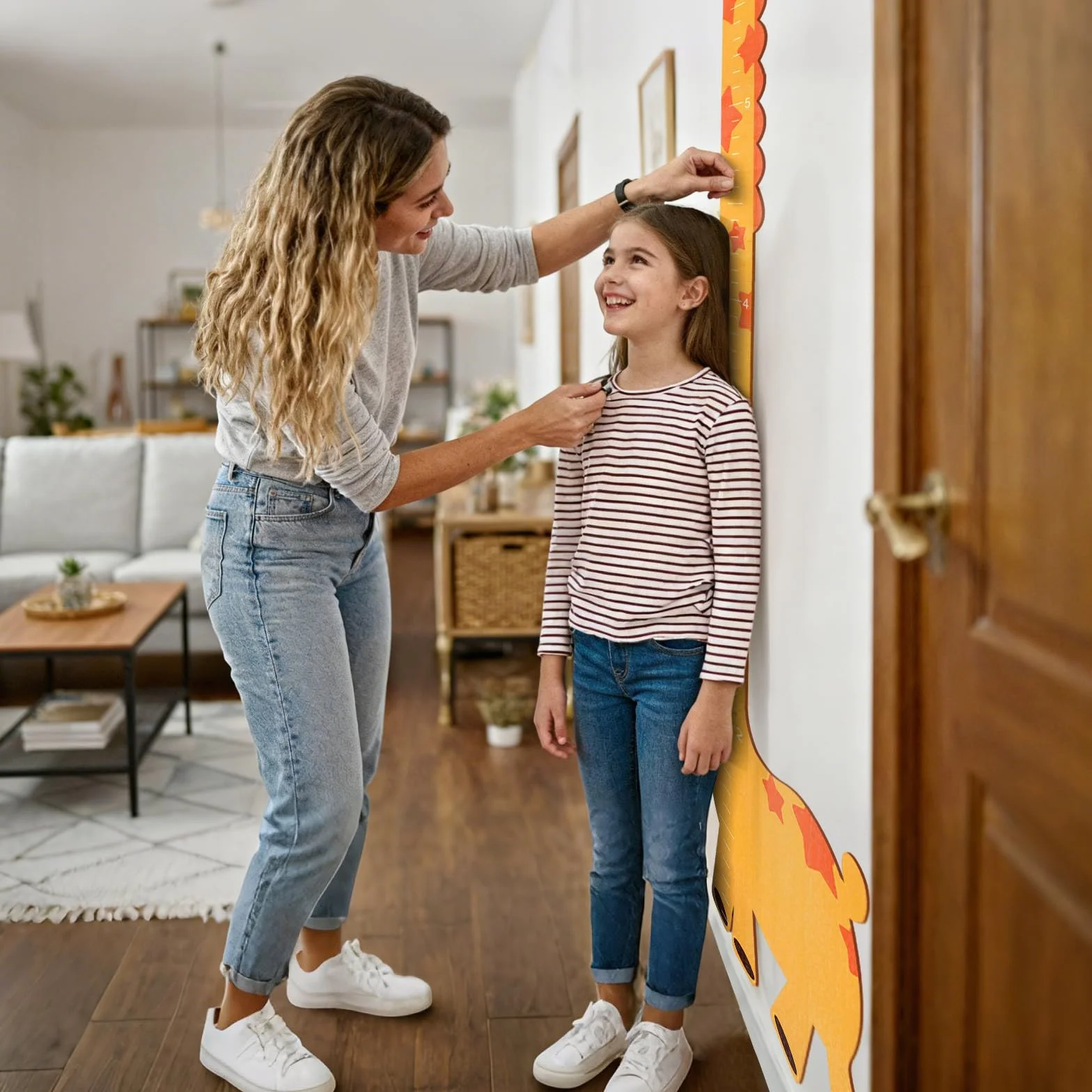 Toise pour enfants 180 cm en bois personnalisable girafe jaune décoration murale