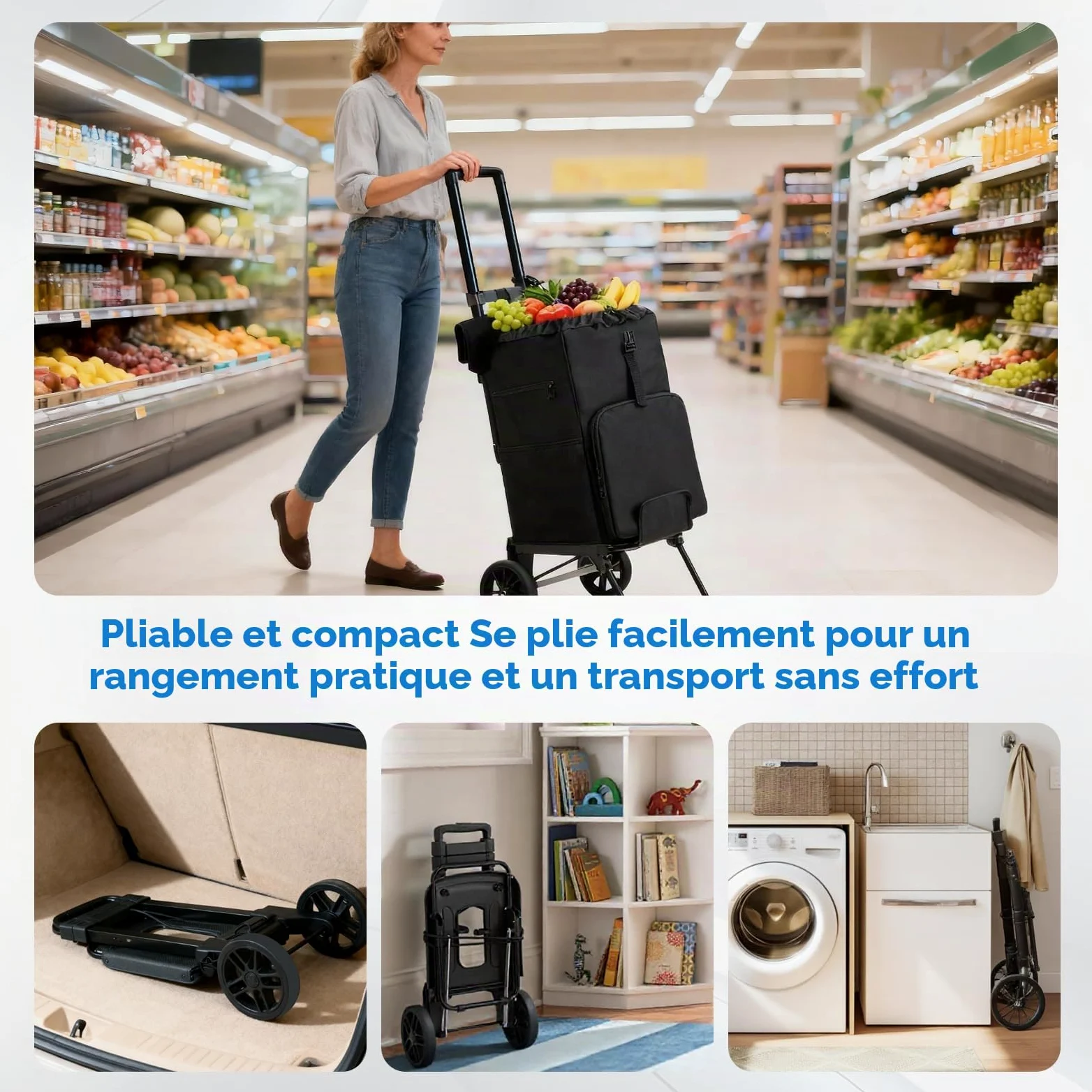 Housolution Chariot Caddie de Courses Pliable à roulettes | 46L/136KG Capacité, 2 en 1 Caddy Diable et Chariot pour Camping et Linge