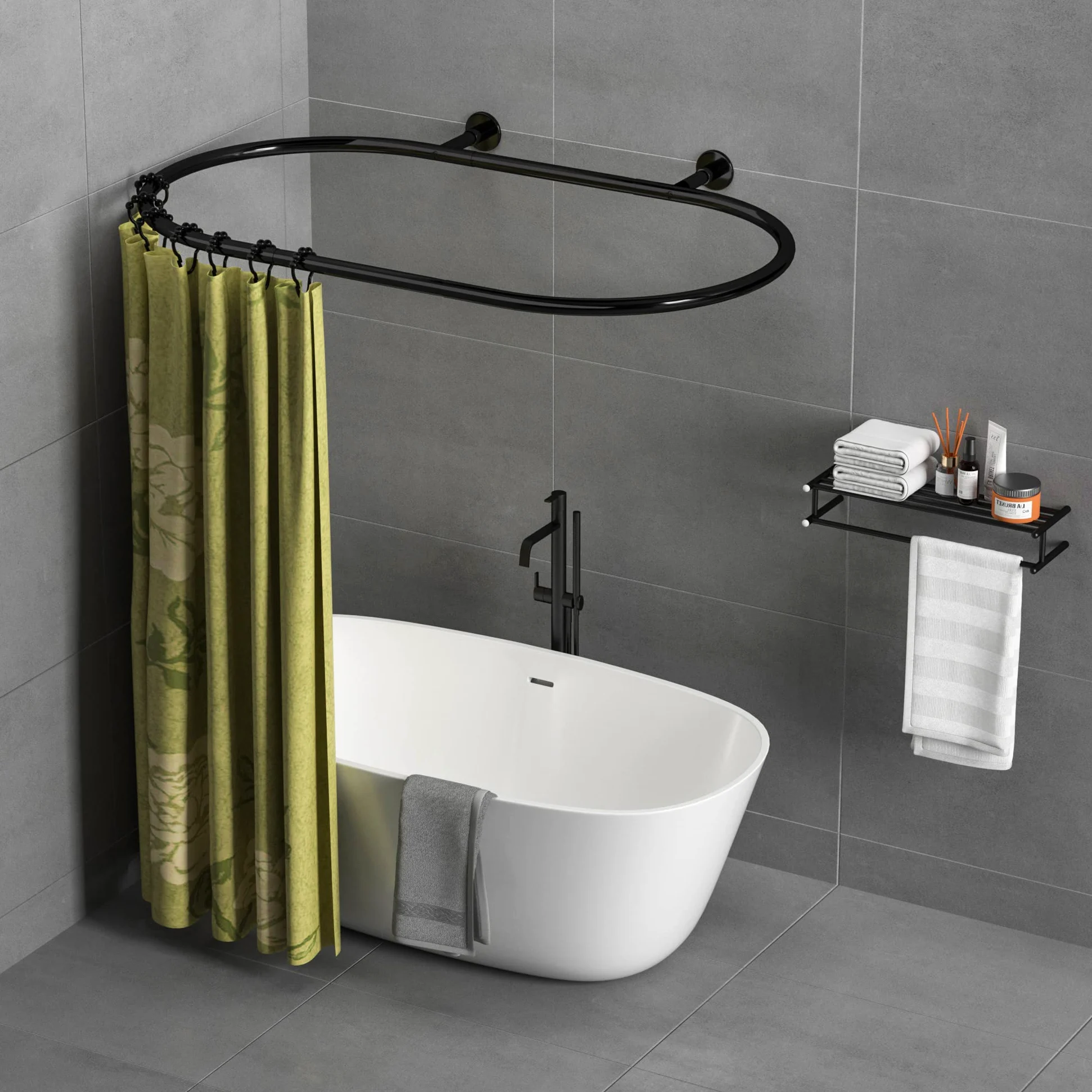 Tringle à rideau de douche ovale en alliage d'aluminium de forme carrée pour baignoire sur pieds sur griffes (noir : L 140 cm, l 63,5 cm)