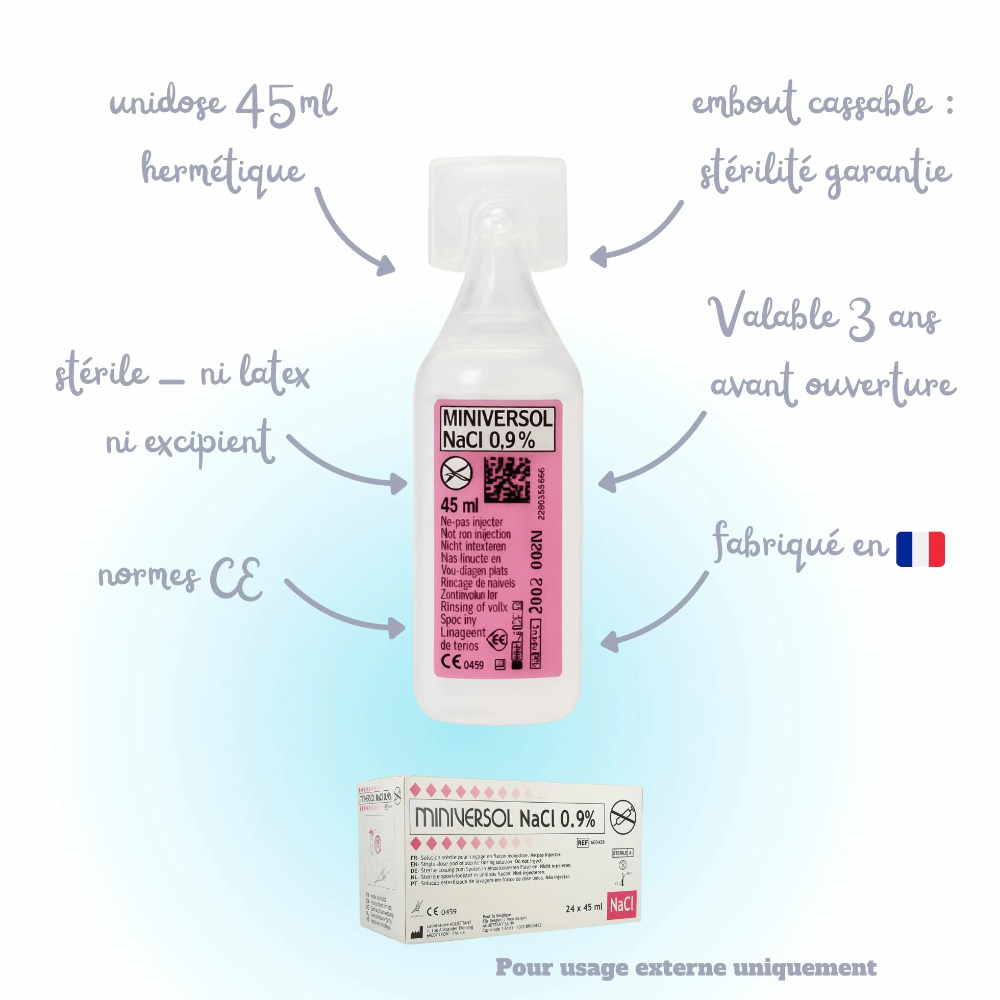 Sérum Physiologique Stérile Unidose 45ml Pack 24 Physiodoses Solution Saline Isotonique NaCl 0,9% Lavage Nasal Bébé Enfant Adulte