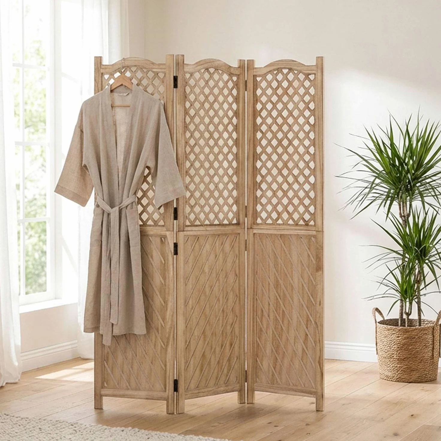 Homestyle4u 2014 Paravent 3 panneaux en bois naturel, protection visuelle espagnole