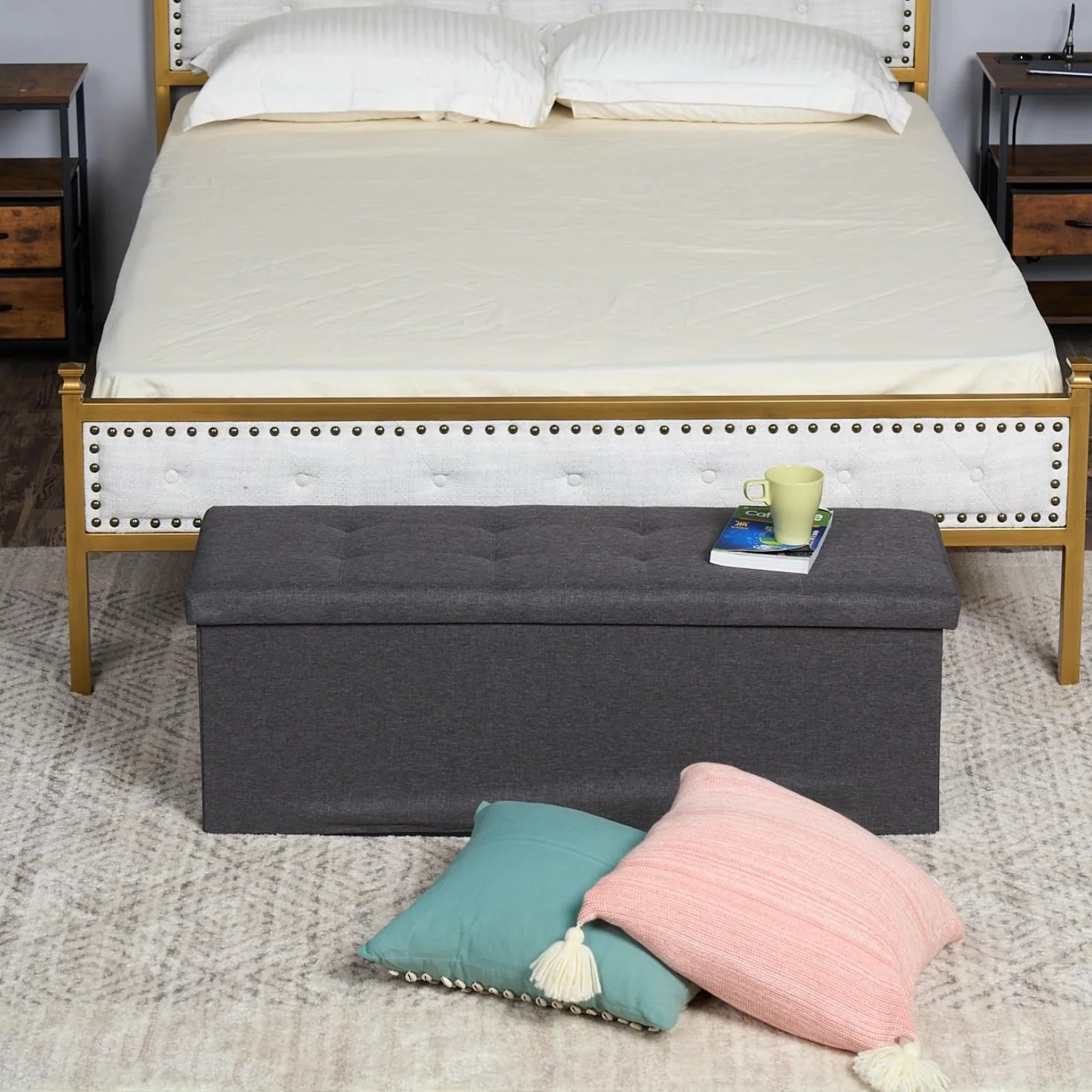 FurnitureR Banc de Rangement L-110cm Ottoman Coffre avec Compartiment Amovible Pliable Tissu Gris