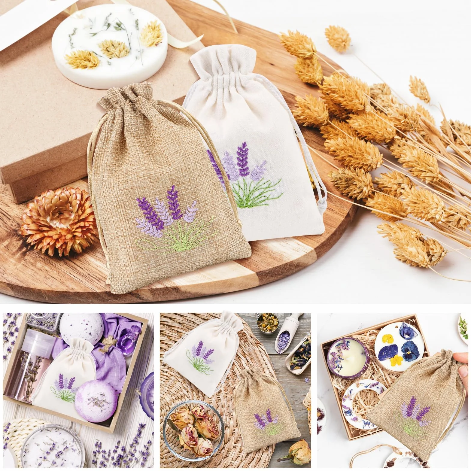 Sachets de lavande vides à remplir avec cordon de serrage - 12 pièces en coton et lin