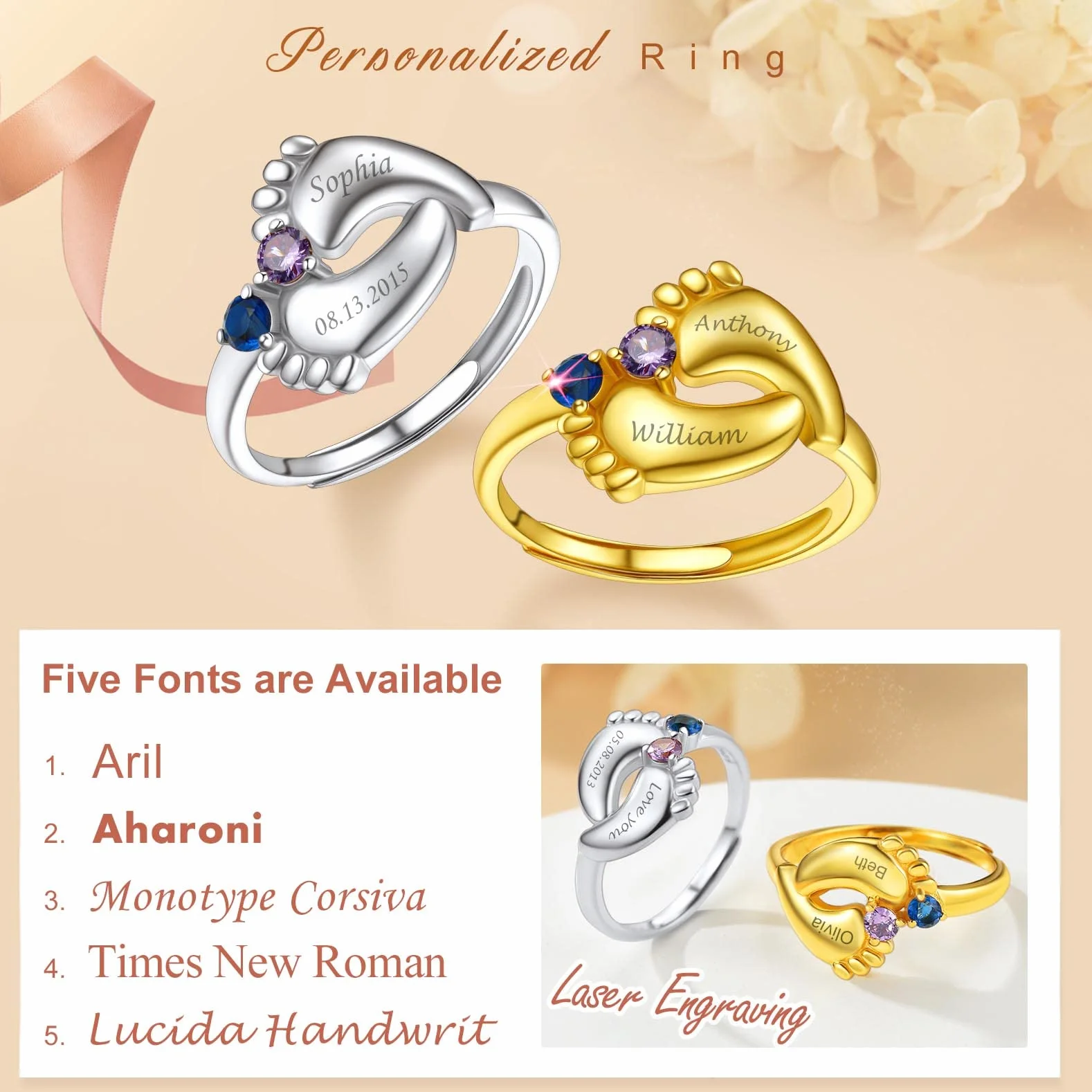 Bague Argent 925 Femme Réglable Personnalisable 2 Prénoms Pierre de Naissance