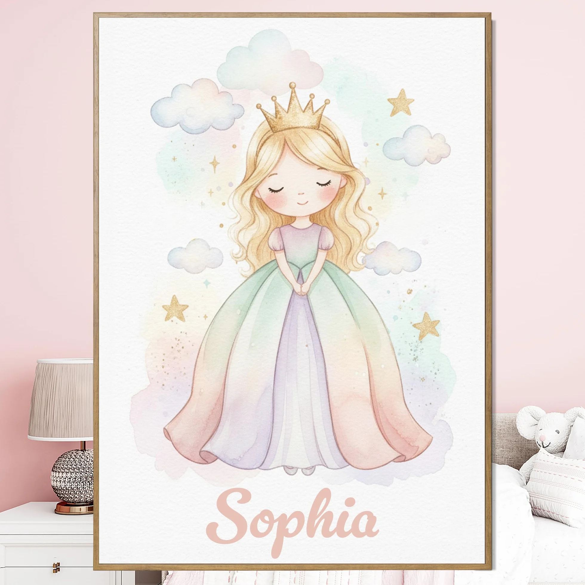 Poster personnalisé prénom Princesse aquarelle fille Affiche Toile Plexiglas Cadeau Naissance Anniversaire Noël Chambre enfant Blonde