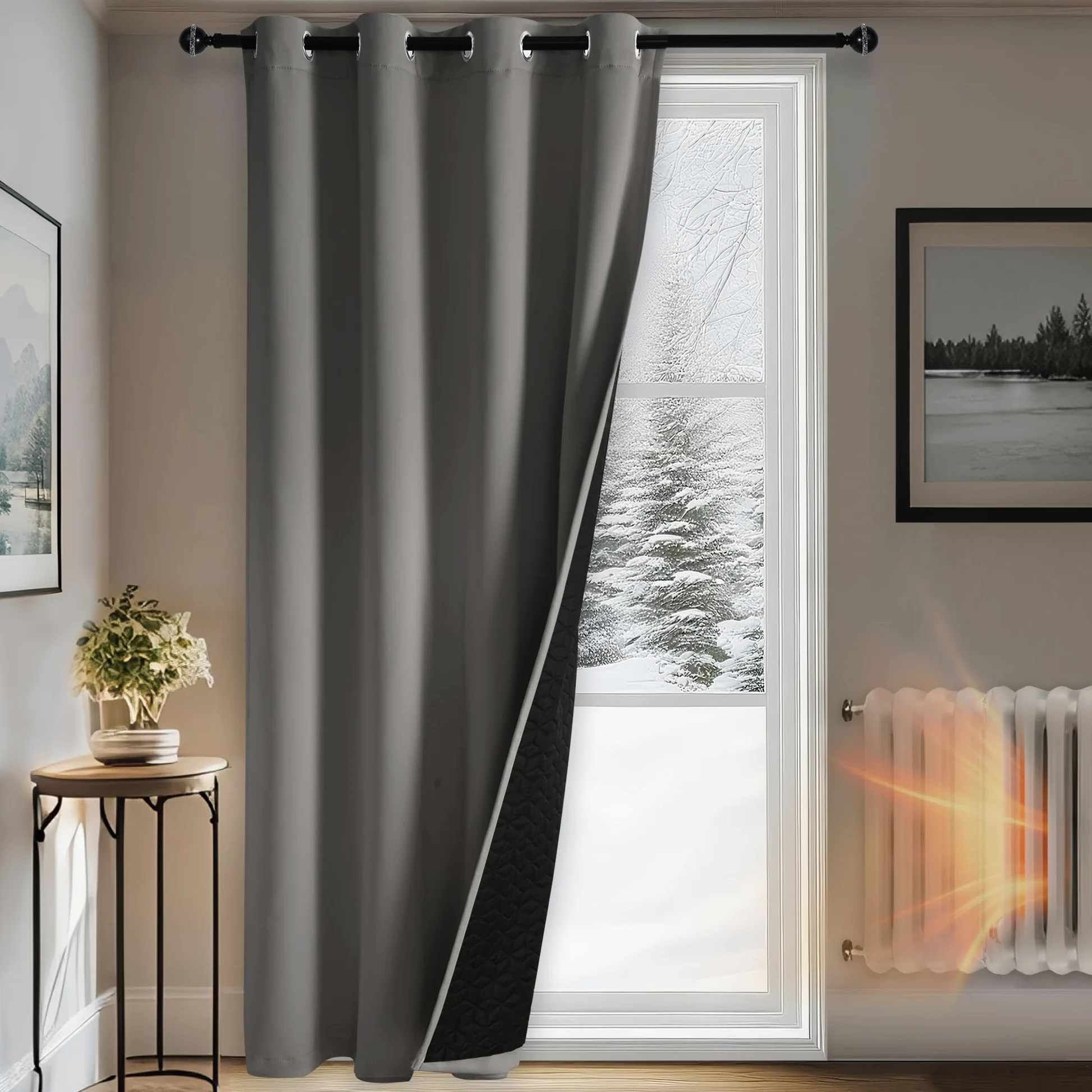 DWCN Rideau Thermiques Isolant Anti Froid et Chaleur 140 x 260 CM,Double 100% Occultant Epais Rideaux de Porte Oeillets, Gris, Lot de 1