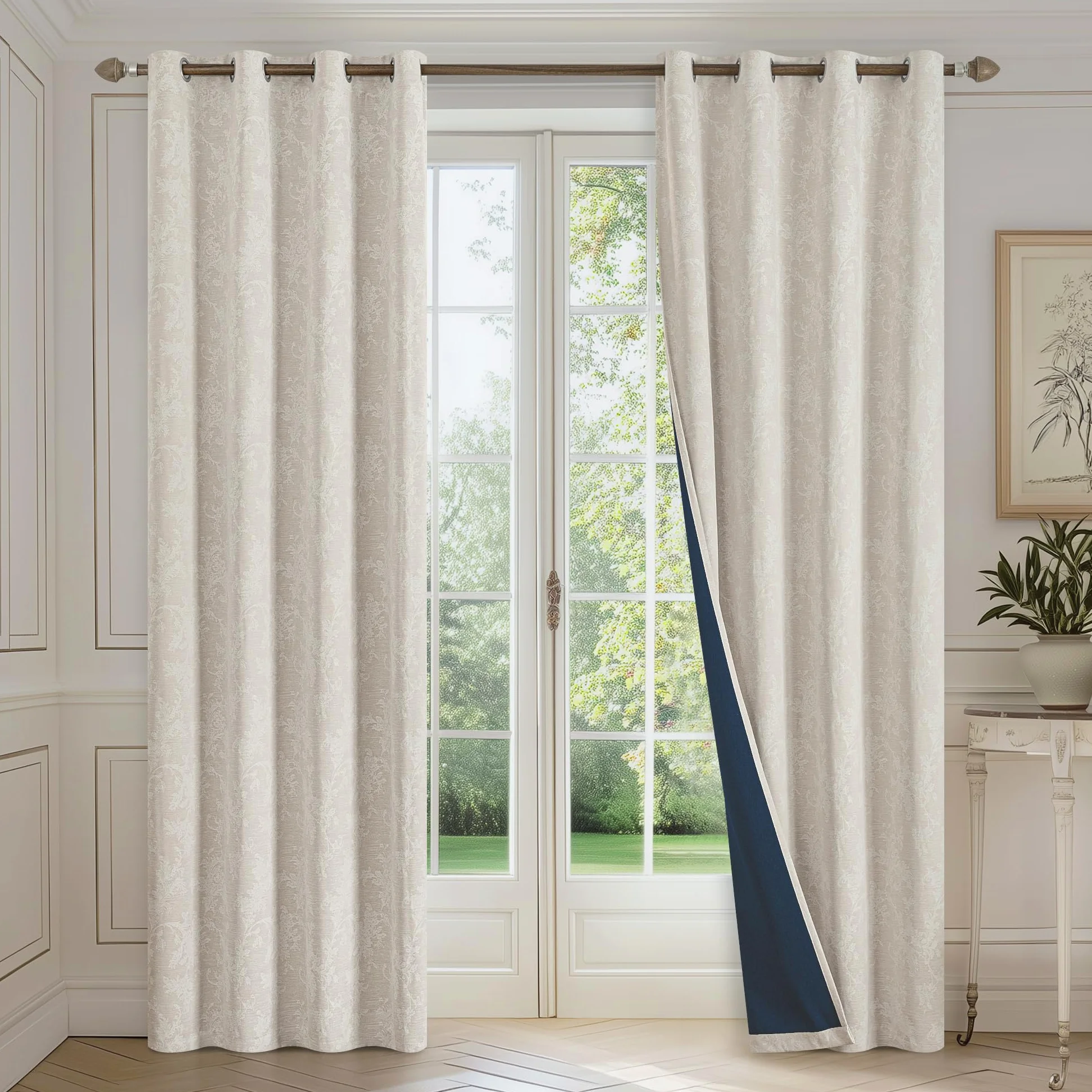 Fmfunctex Lot de 2 rideaux occultants en tissu chenille à œillets pour salon et chambre à coucher Motif floral beige 229 cm