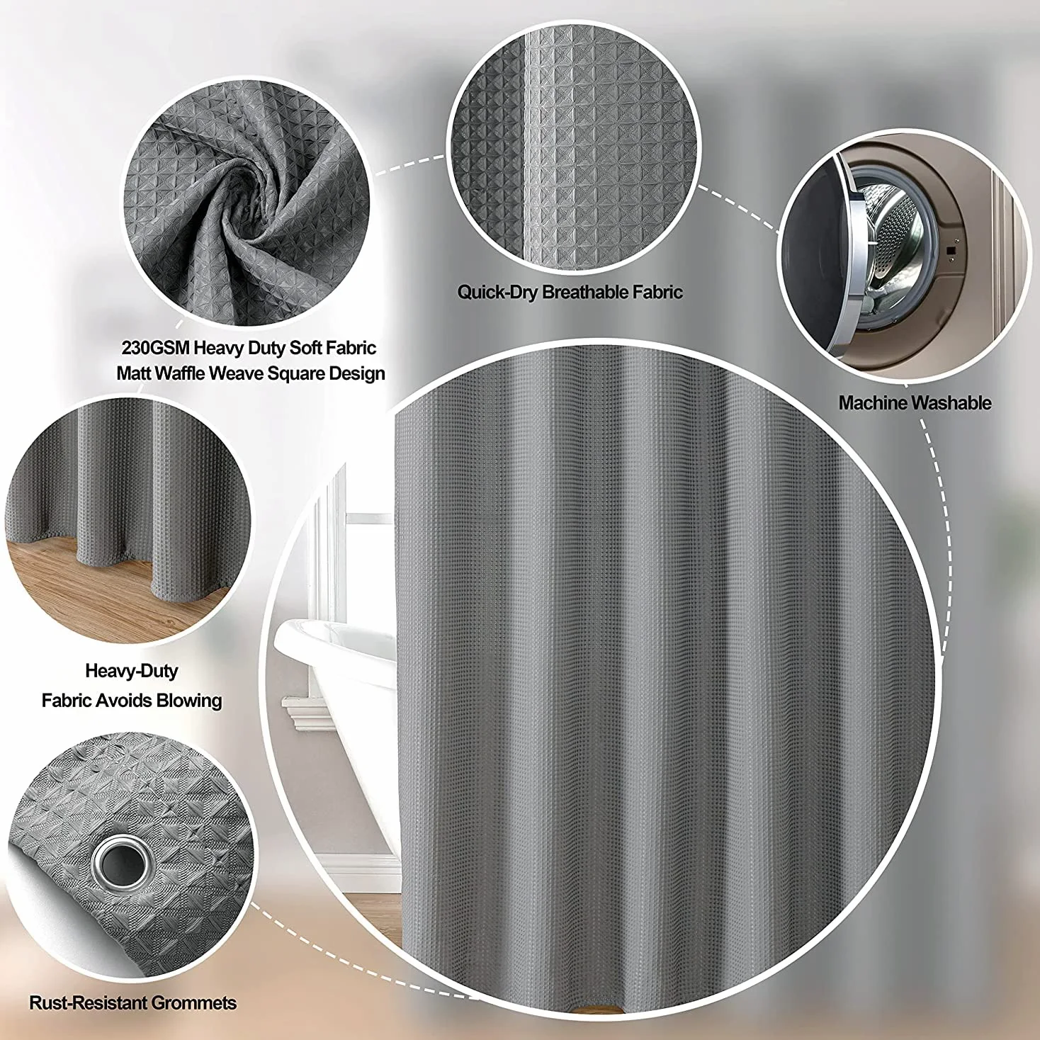 MISS SELECTEX Rideau de douche extra large en tissu épais gaufré pour salle de bain, rideau de douche en tissu imperméable et durable lavable en machine (450 x 183 cm, gris)