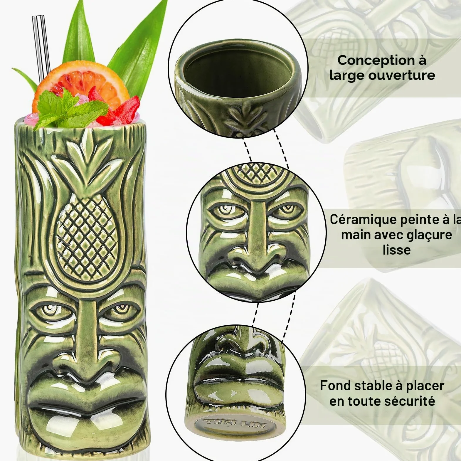 SuproBarware Lot de 4 Tasses Tiki en Céramique, Verres à Cocktail Exotiques avec Pailles, Gobelets pour Fête Hawaïenne Mai Tai Pina Colada, Accessoires de Bar Professionnel
