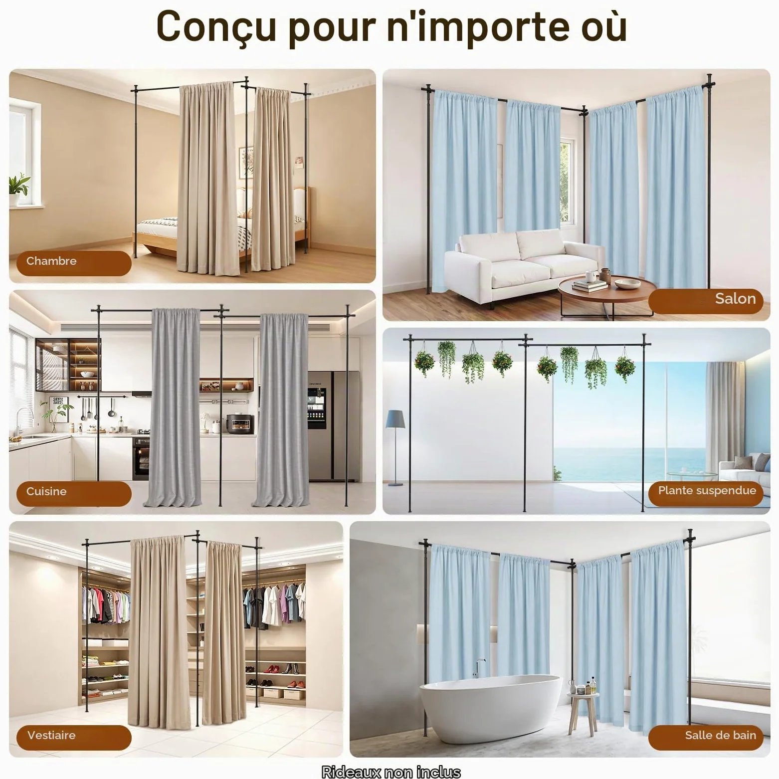 Barre de Séparation Pièce sans Perçage – Tringle Rideau Télescopique Réglable en Hauteur 1,5 m à 3,5 m, Support Mural Autoportant pour Cloison Amovible, idéal Locataires