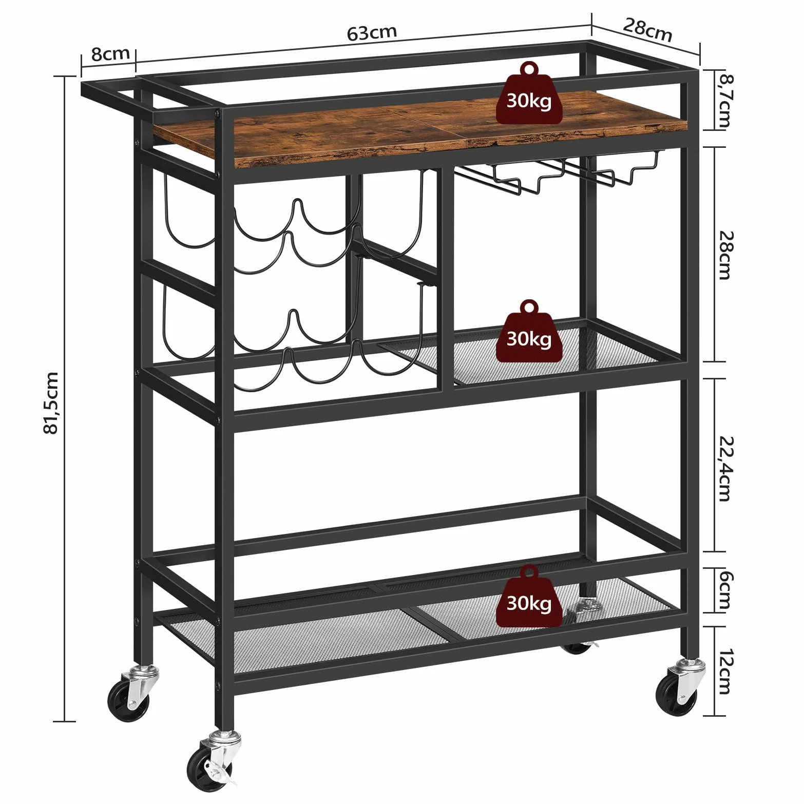 MAHANCRIS Desserte à roulettes, Chariot de Service Roulant à 3 Niveaux avec Poignée, 63 x 28 x 85 cm, Desserte Cuisine, Chariot à Boissons avec Porte-Verres et Porte-Bouteilles, Marron ARCHR6101