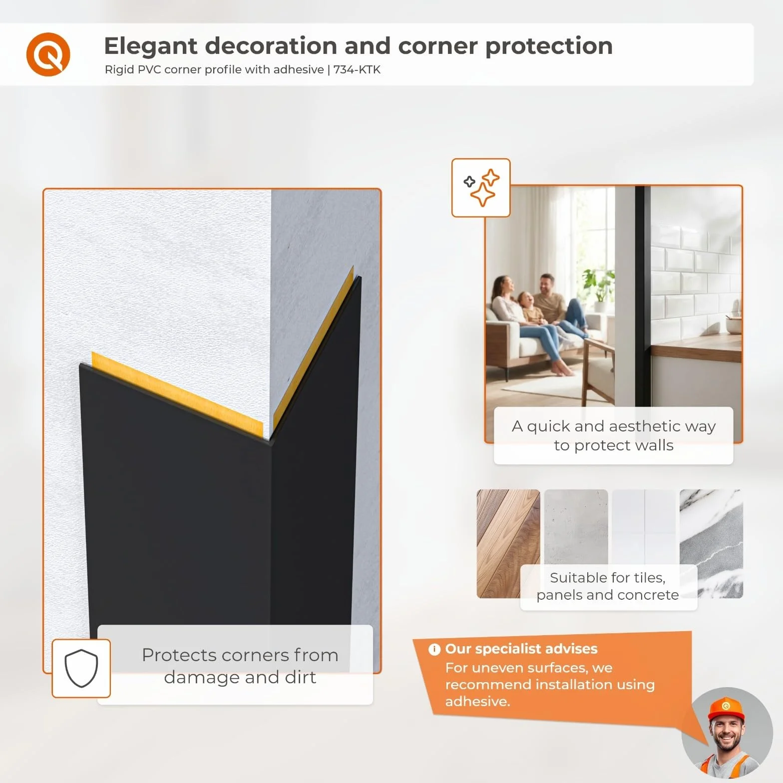 QUEST Cornière PVC Rigide Autoadhésive 40x40mm 200cm Noir Baguette d'Angle Protection Mur